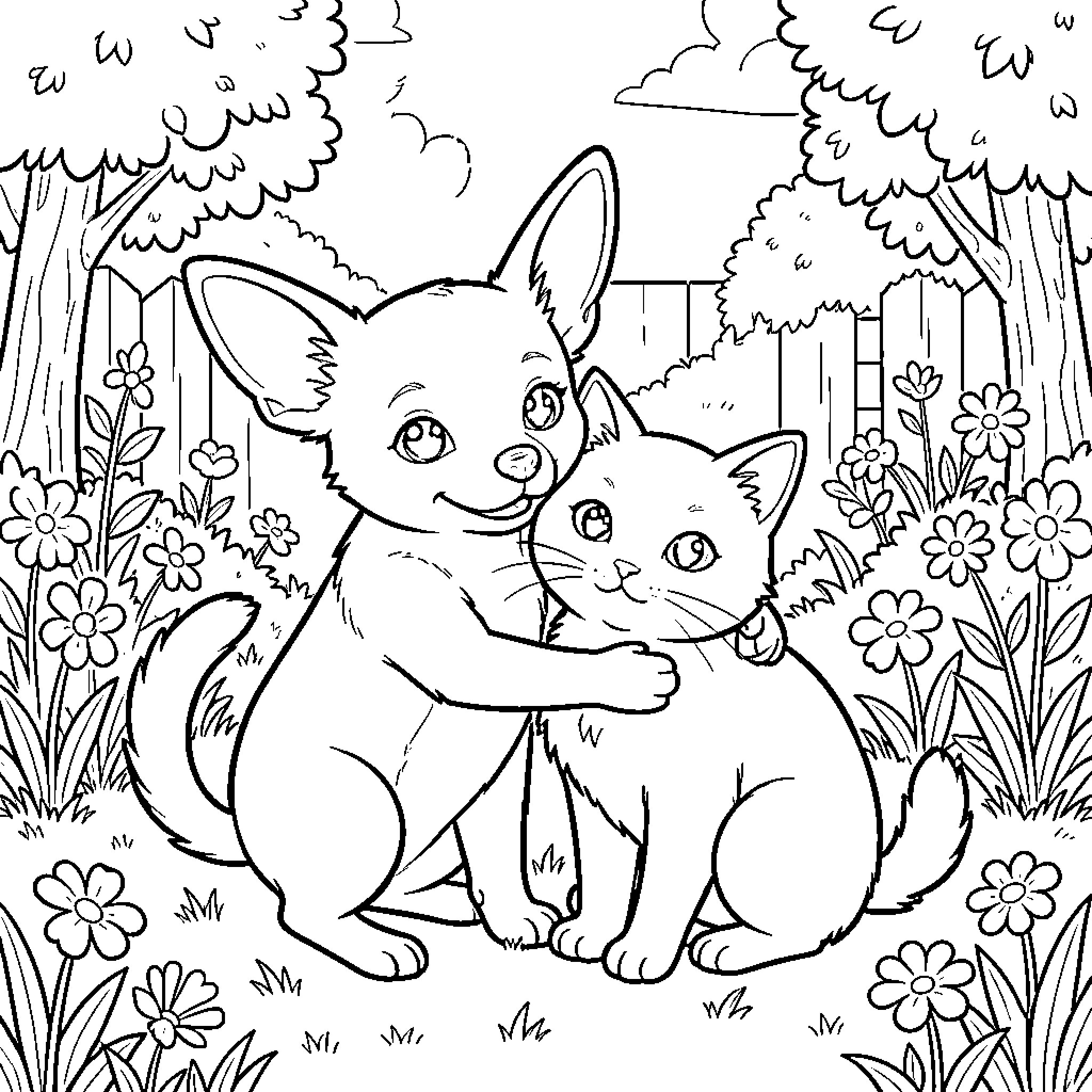 Chihuahuas enjoying a playful moment in the garden Coloring Page (free black-and-white line drawing printable PDF for all, from beginners to advanced learners, including children, teens, adults, and seniors)