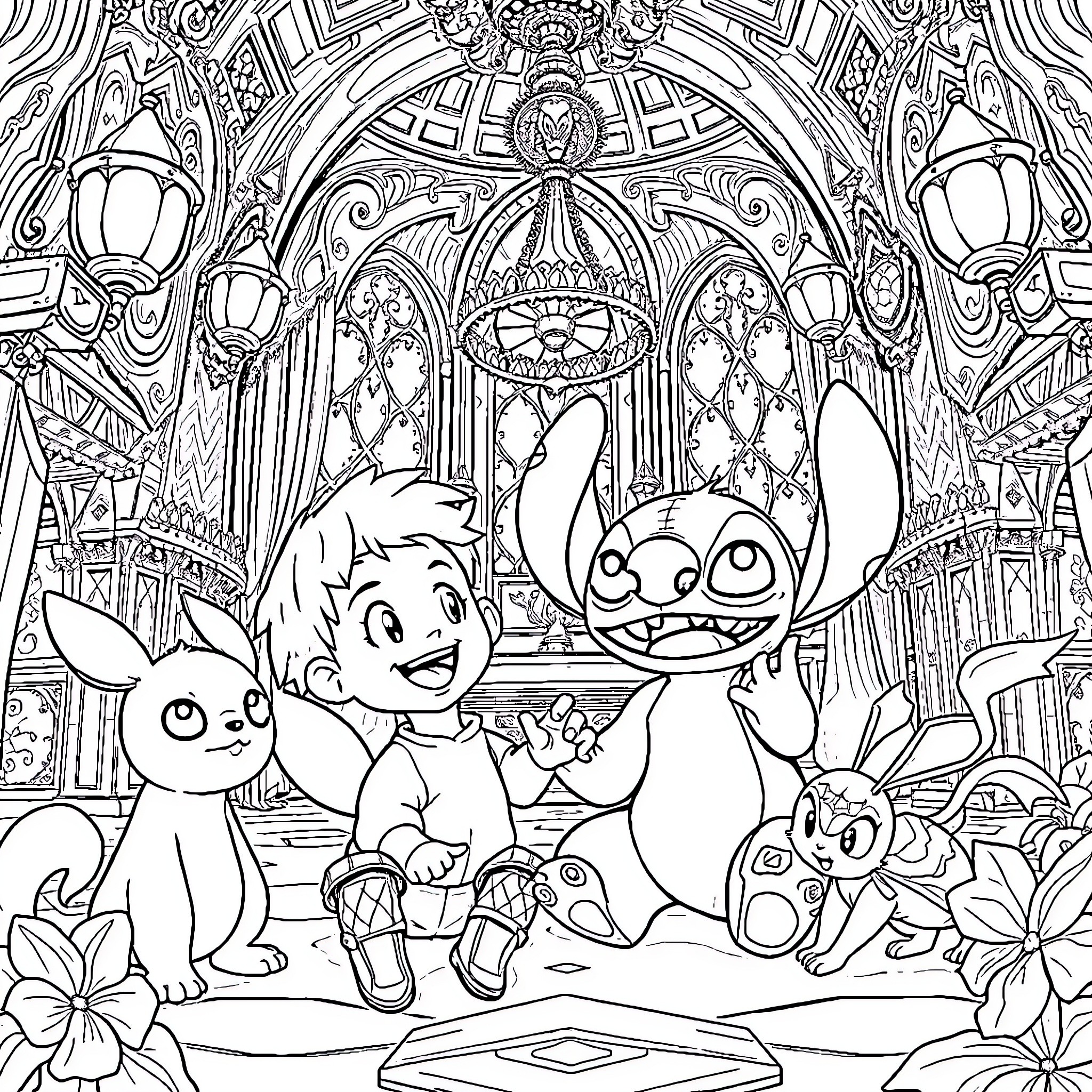 Leo's Lively Encounter with Whimsical Creatures Coloring Page (free black-and-white line drawing printable PDF for all, from beginners to advanced learners, including children, teens, adults, and seniors)