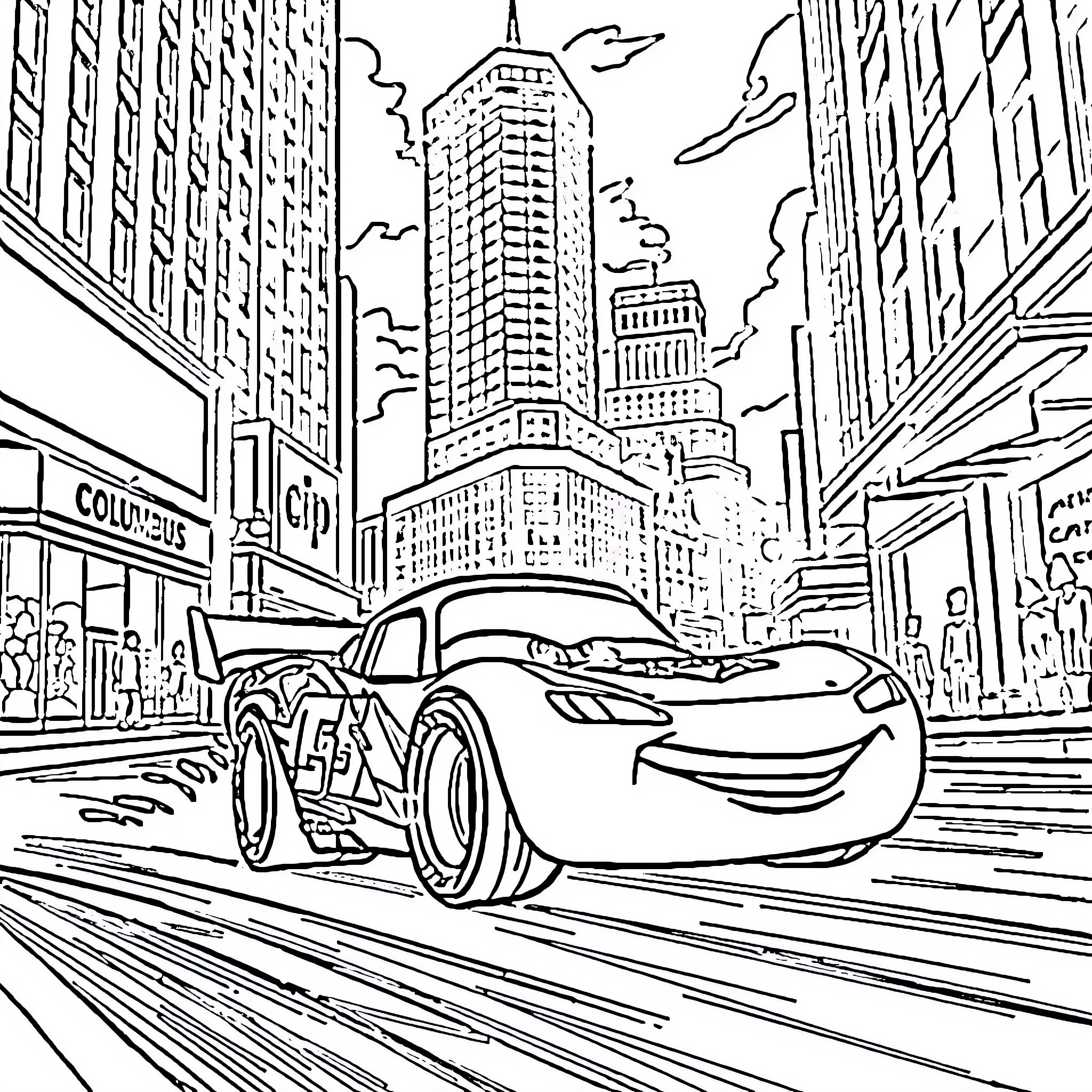 Lightning McQueen racing through the city streets Coloring Page (free black-and-white line drawing printable PDF for all, from beginners to advanced learners, including children, teens, adults, and seniors)