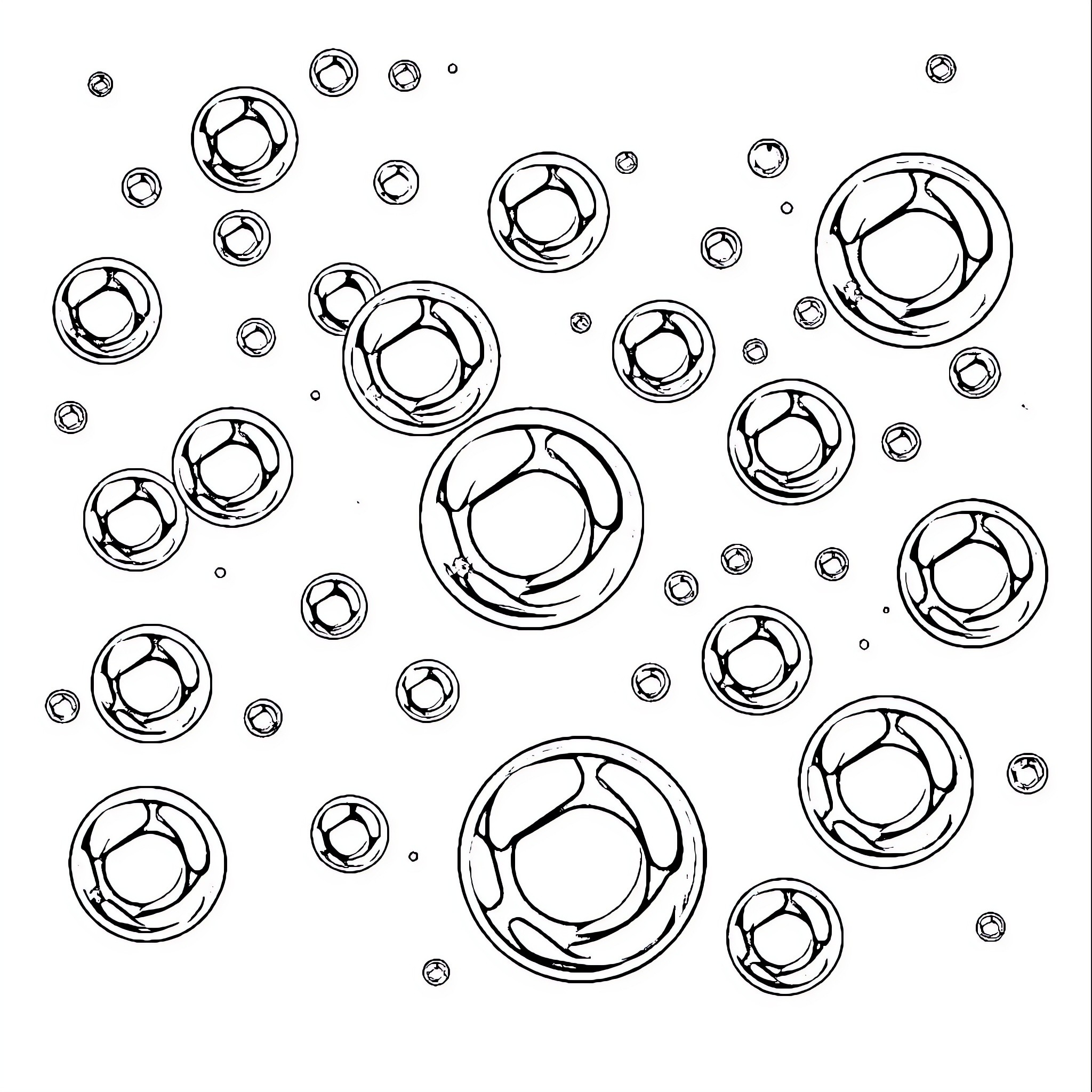 Bubbles floating and swirling in the air Coloring Page (free black-and-white line drawing printable PDF for all, from beginners to advanced learners, including children, teens, adults, and seniors)
