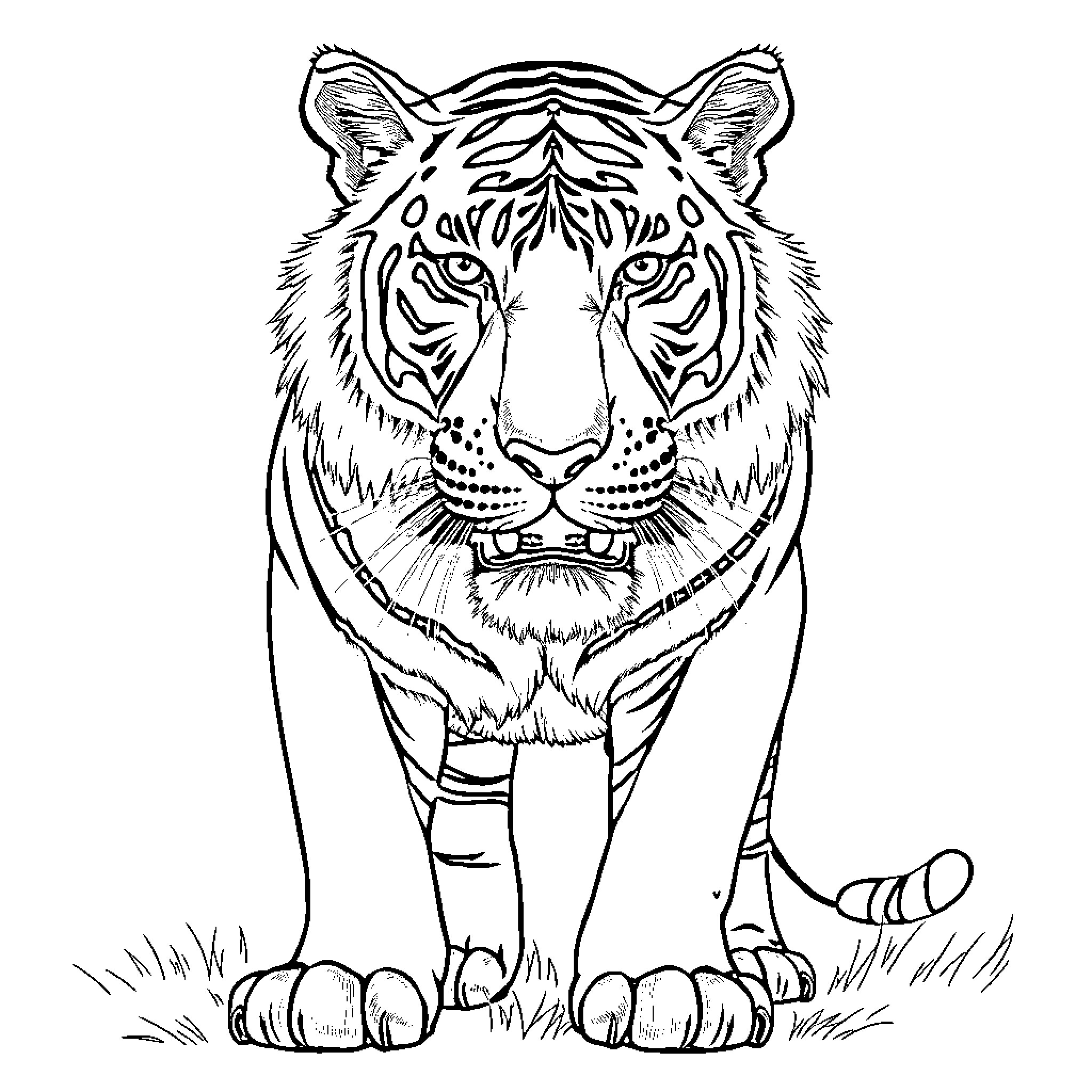 Tiger Stalking Intently in the Wilderness Coloring Page (free black-and-white line drawing printable PDF for all, from beginners to advanced learners, including children, teens, adults, and seniors)