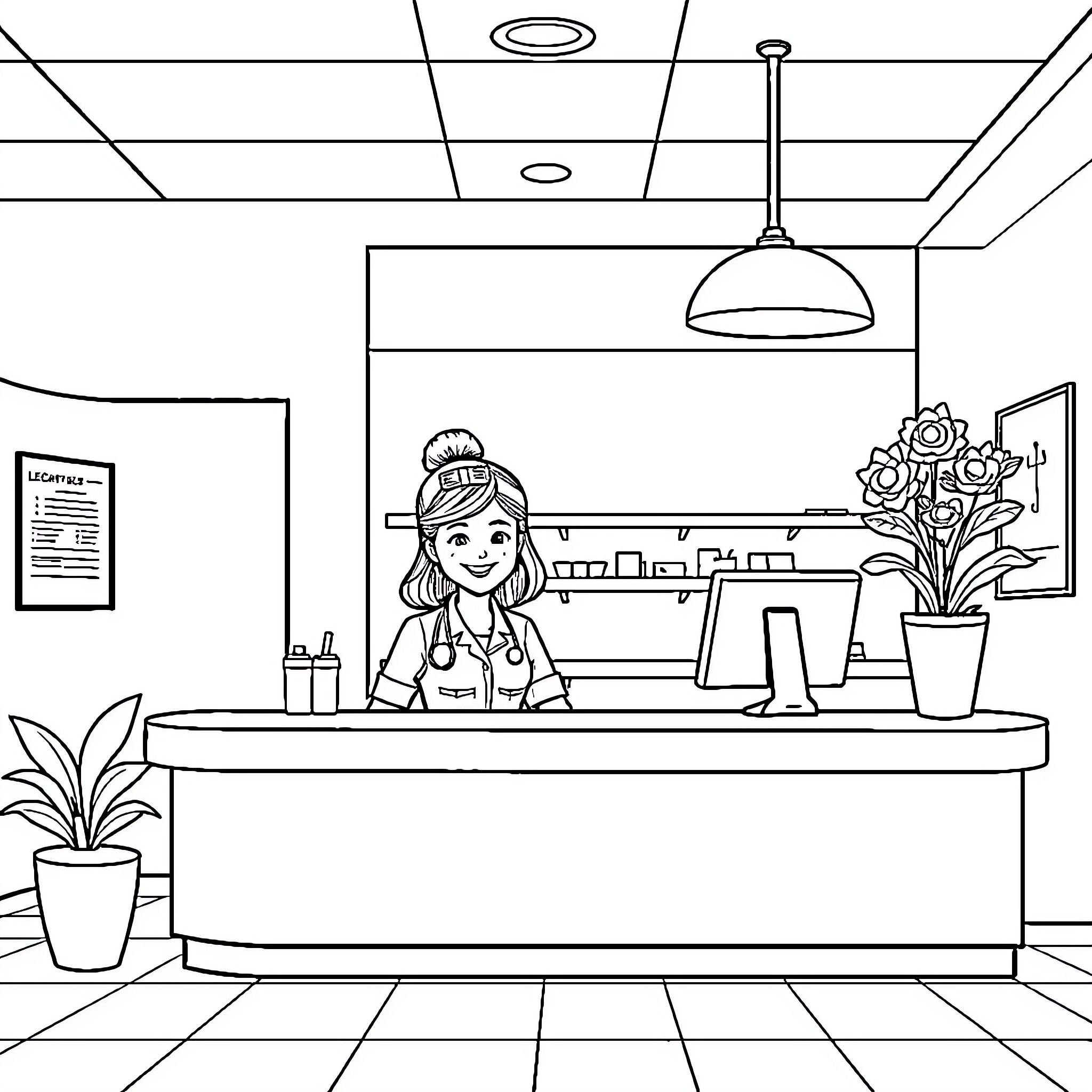 Receptionist greeting visitors in a business office Coloring Page (free black-and-white line drawing printable PDF for all, from beginners to advanced learners, including children, teens, adults, and seniors)