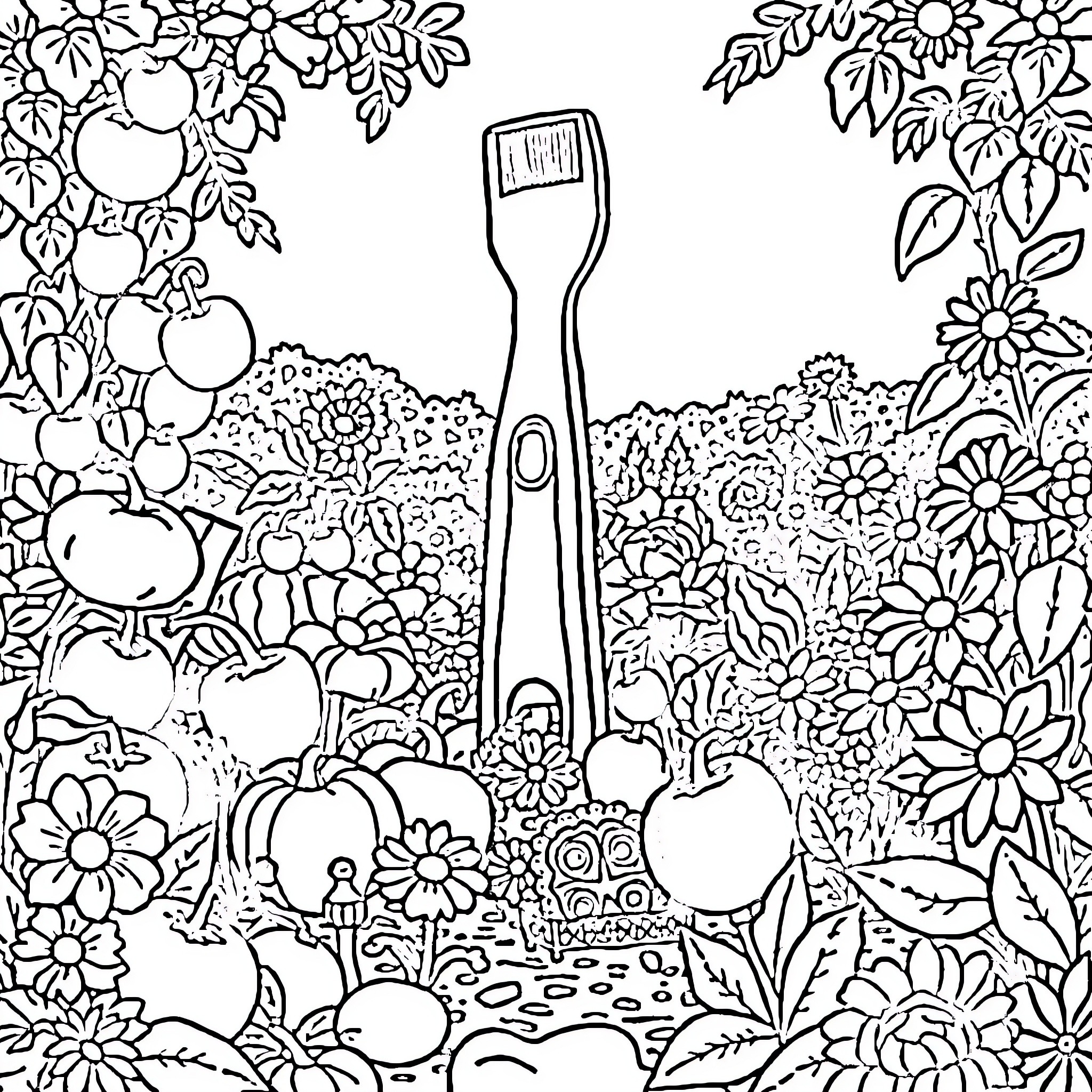 Garden tools among floral design Coloring Page (free black-and-white line drawing printable PDF for all, from beginners to advanced learners, including children, teens, adults, and seniors)