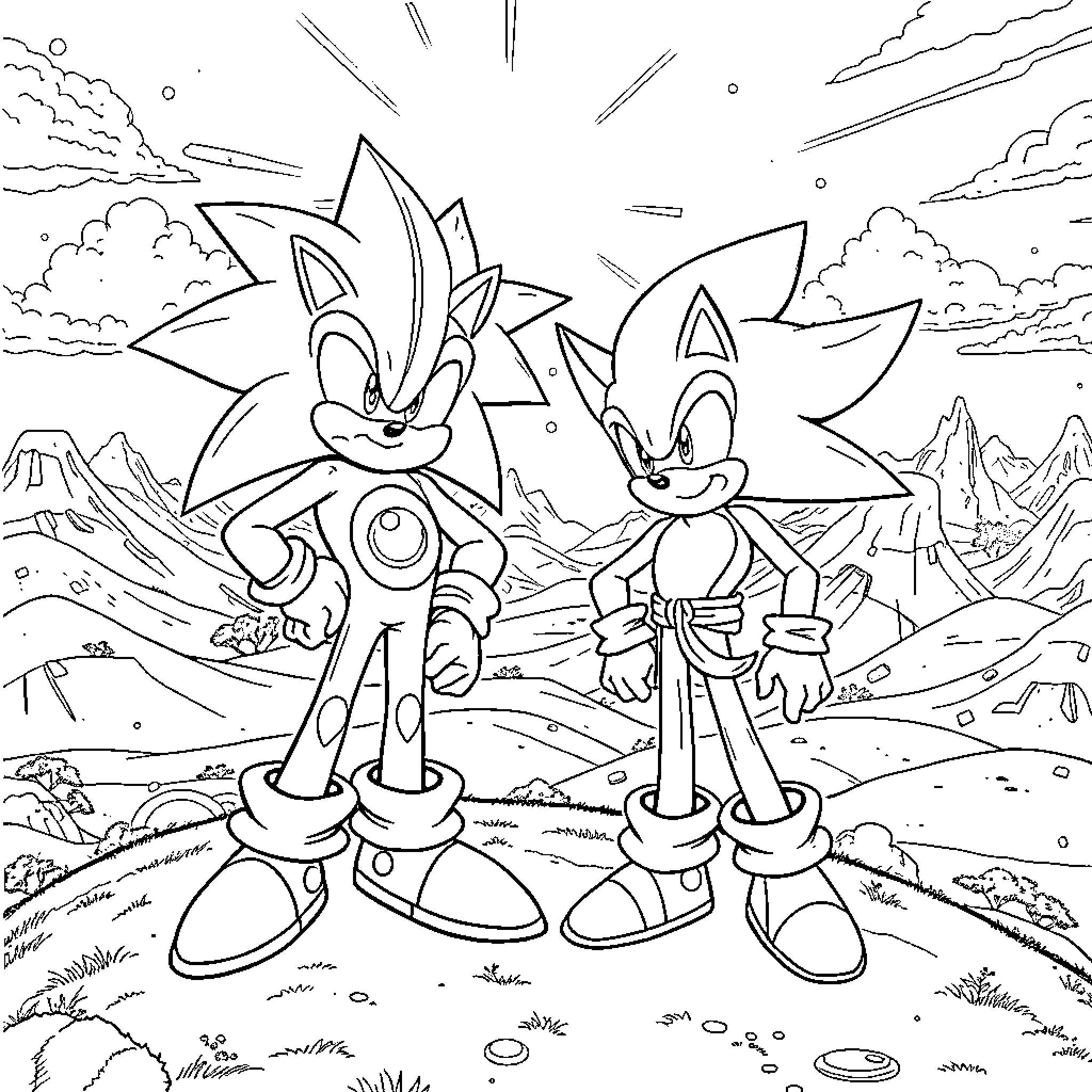 Sonic characters in a dynamic pose Coloring Page (free black-and-white line drawing printable PDF for all, from beginners to advanced learners, including children, teens, adults, and seniors)