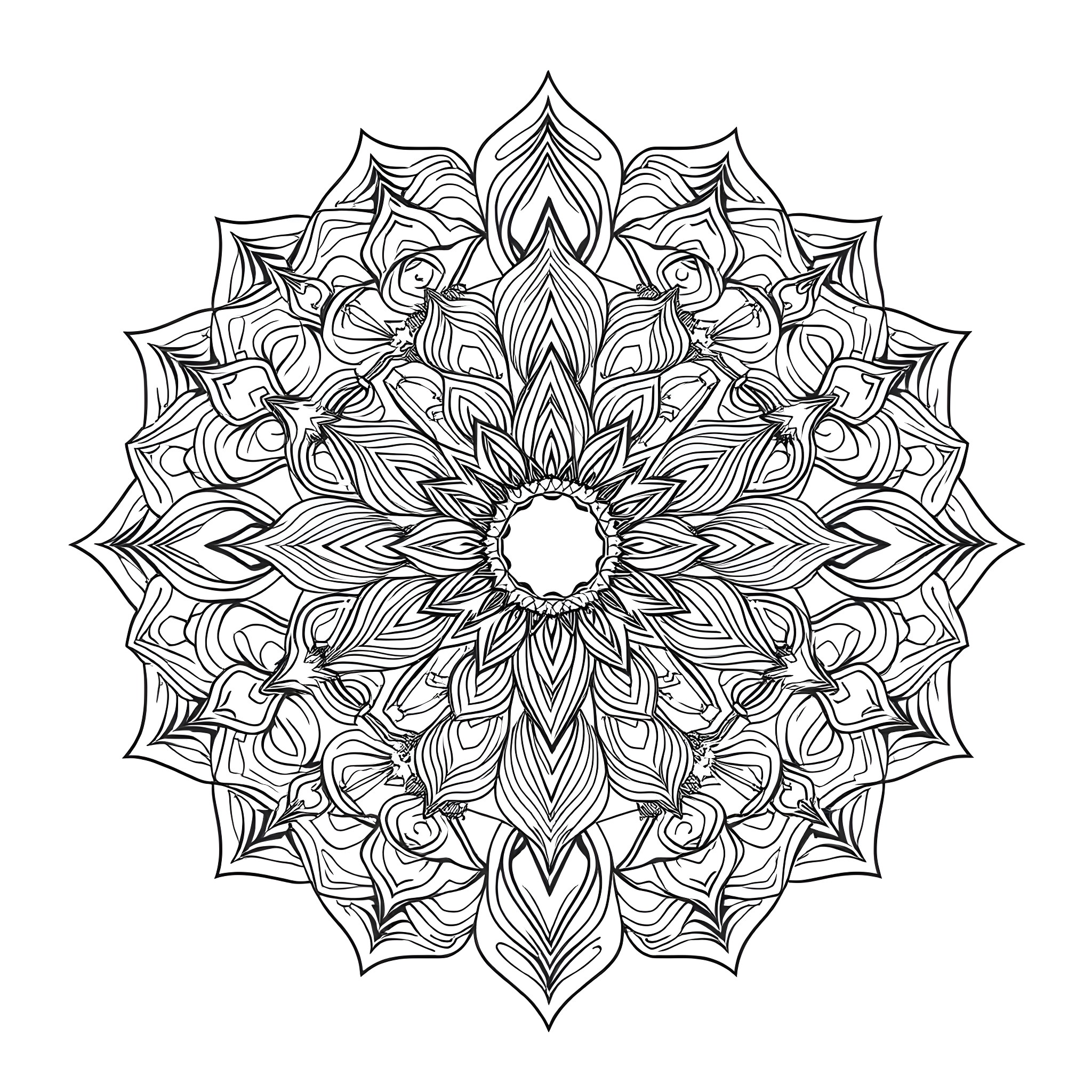 Mandala with intricate floral patterns Coloring Page (free black-and-white line drawing printable PDF for all, from beginners to advanced learners, including children, teens, adults, and seniors)