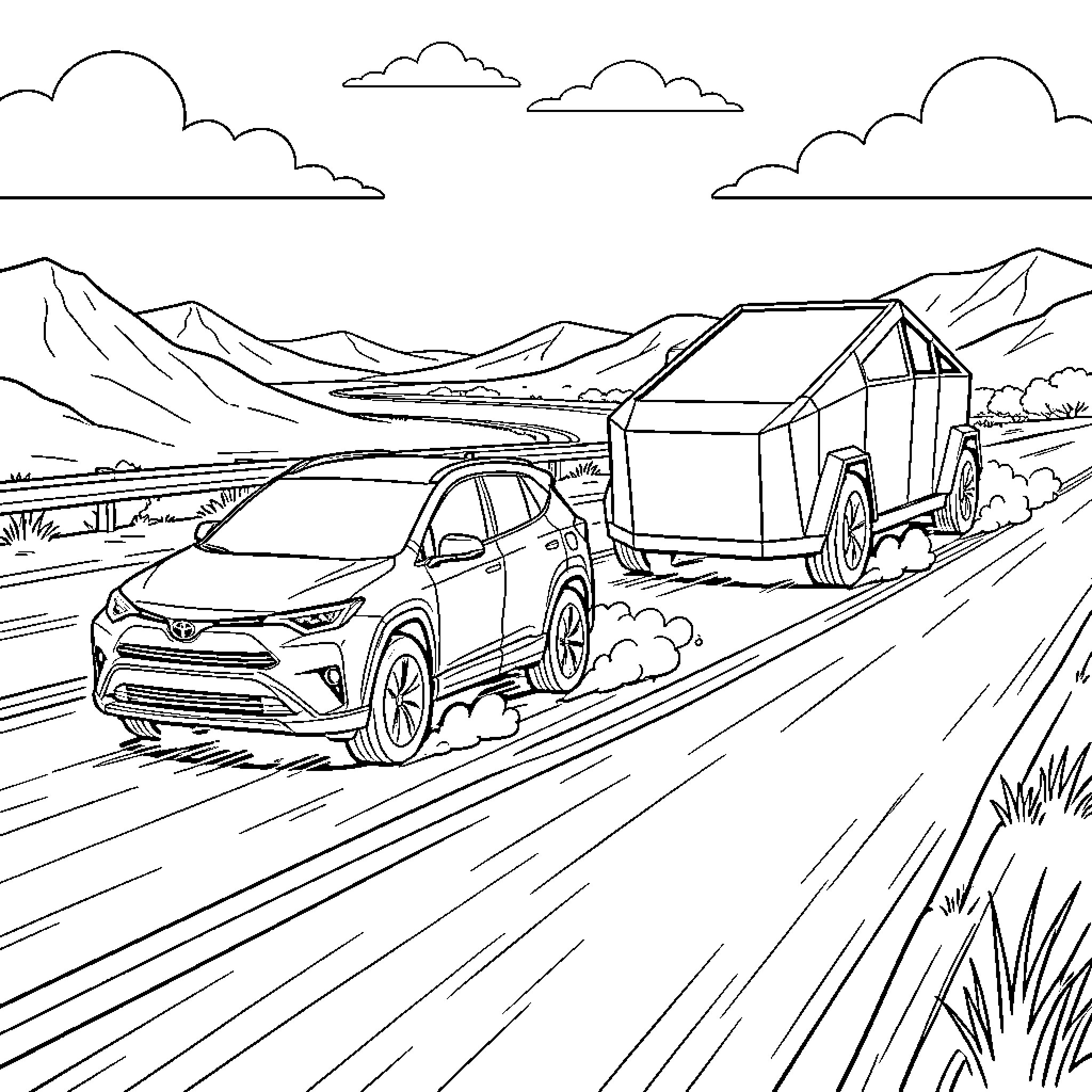 Car pulling a large trailer along a mountain road Coloring Page (free black-and-white line drawing printable PDF for all, from beginners to advanced learners, including children, teens, adults, and seniors)