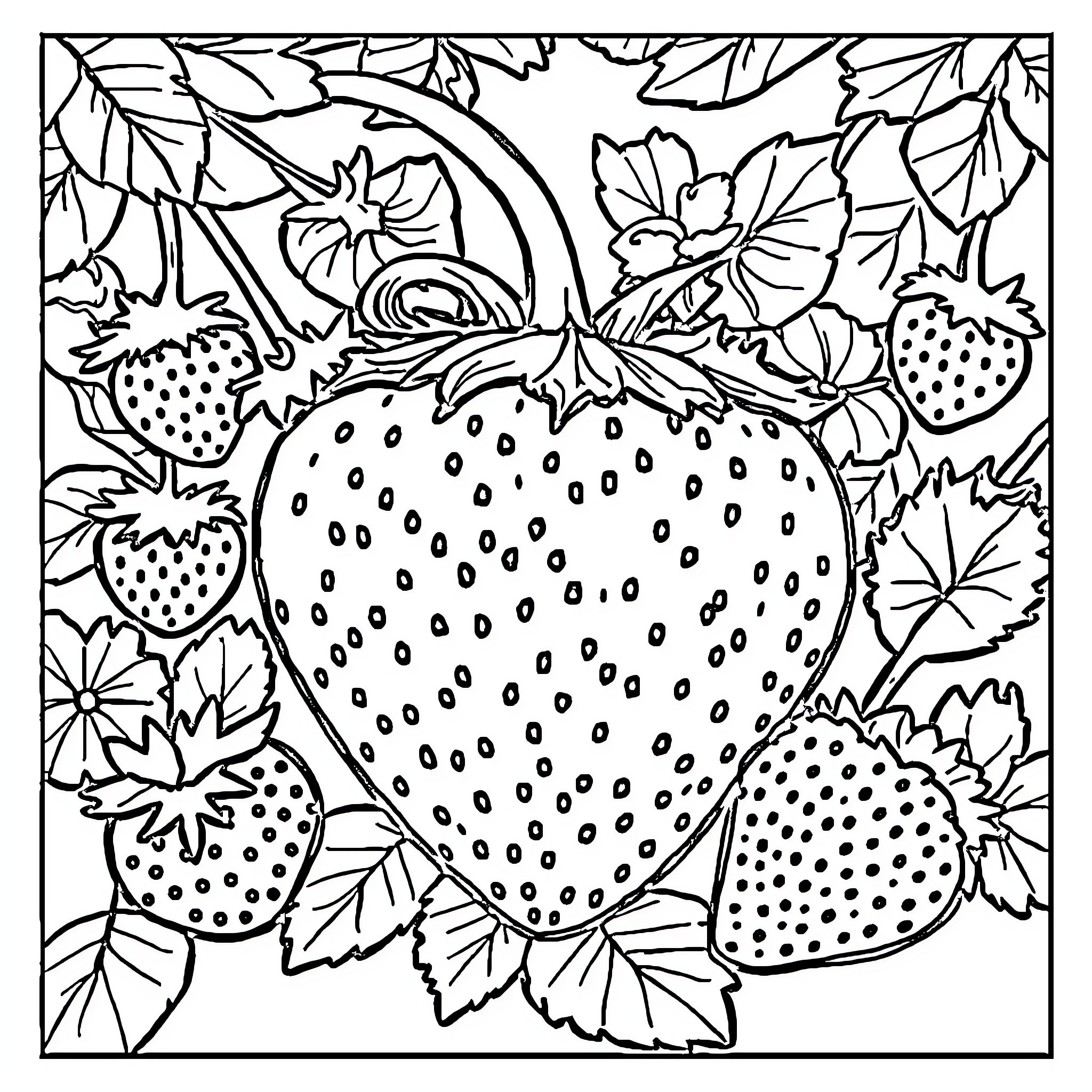 Strawberry Delight: Artistic Depiction of Luscious Berries Coloring Page (free black-and-white line drawing printable PDF for all, from beginners to advanced learners, including children, teens, adults, and seniors)