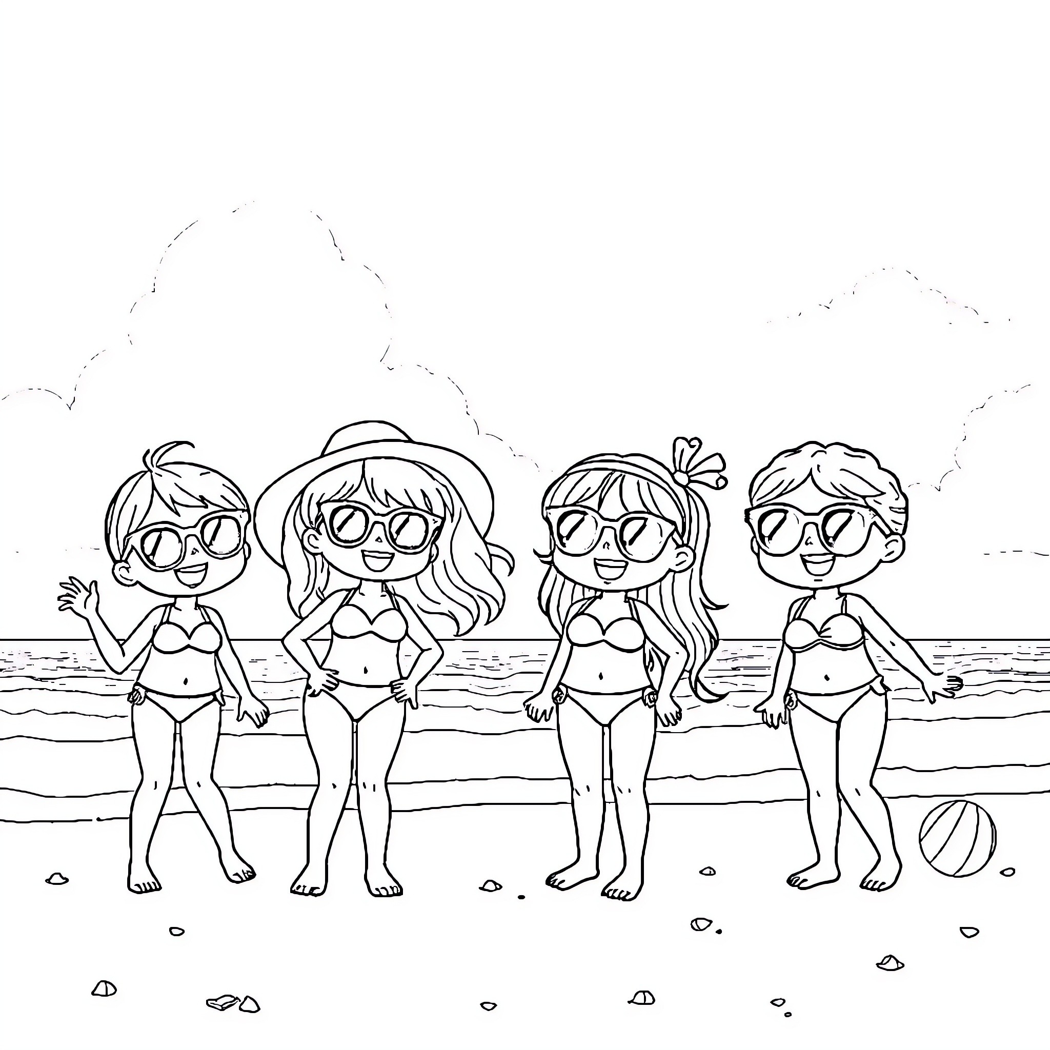 Kawaii friends enjoy a day at the beach Coloring Page (free black-and-white line drawing printable PDF for all, from beginners to advanced learners, including children, teens, adults, and seniors)