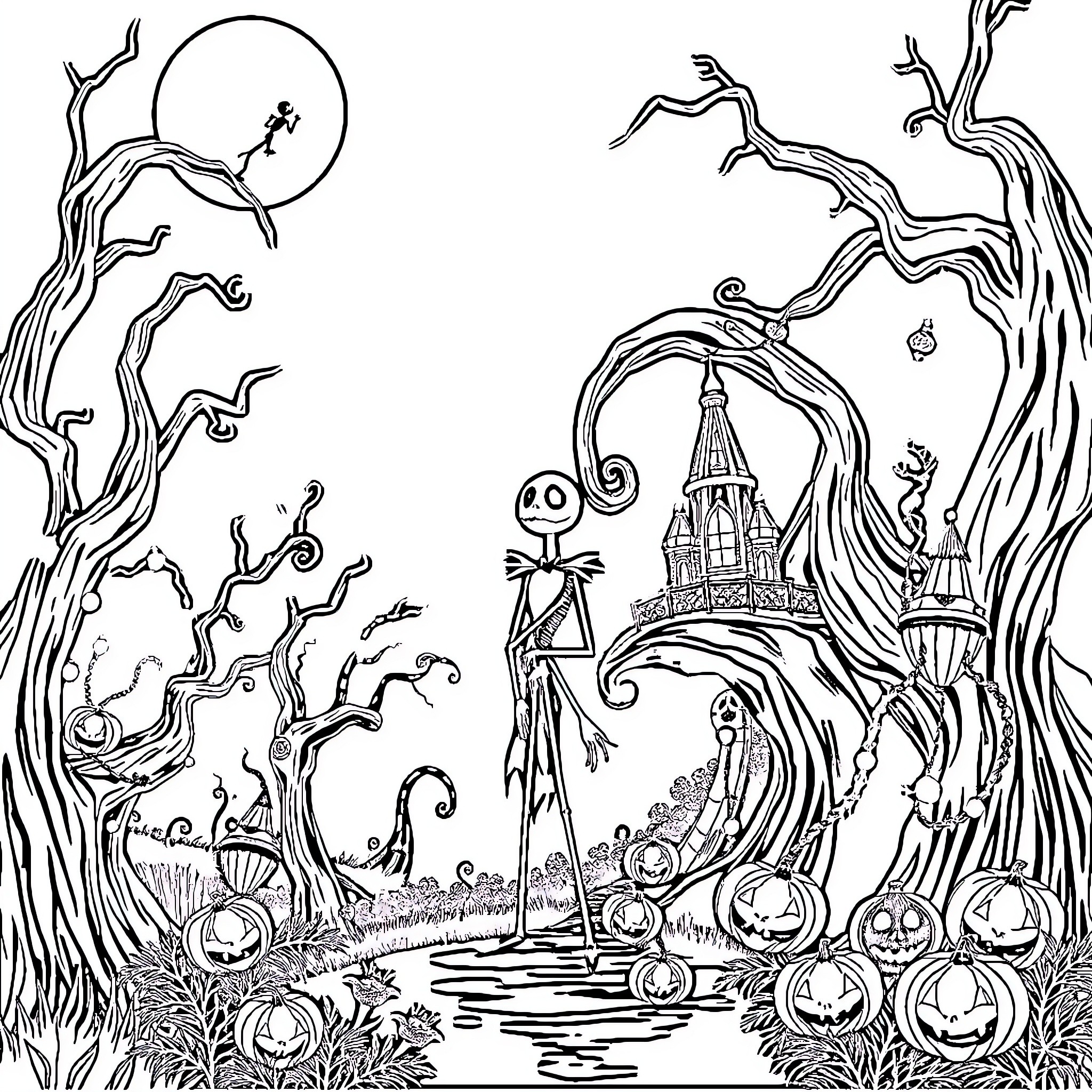 Nightmare Before Christmas: Spooky Landscape with Haunted Castle Coloring Page (free black-and-white line drawing printable PDF for all, from beginners to advanced learners, including children, teens, adults, and seniors)