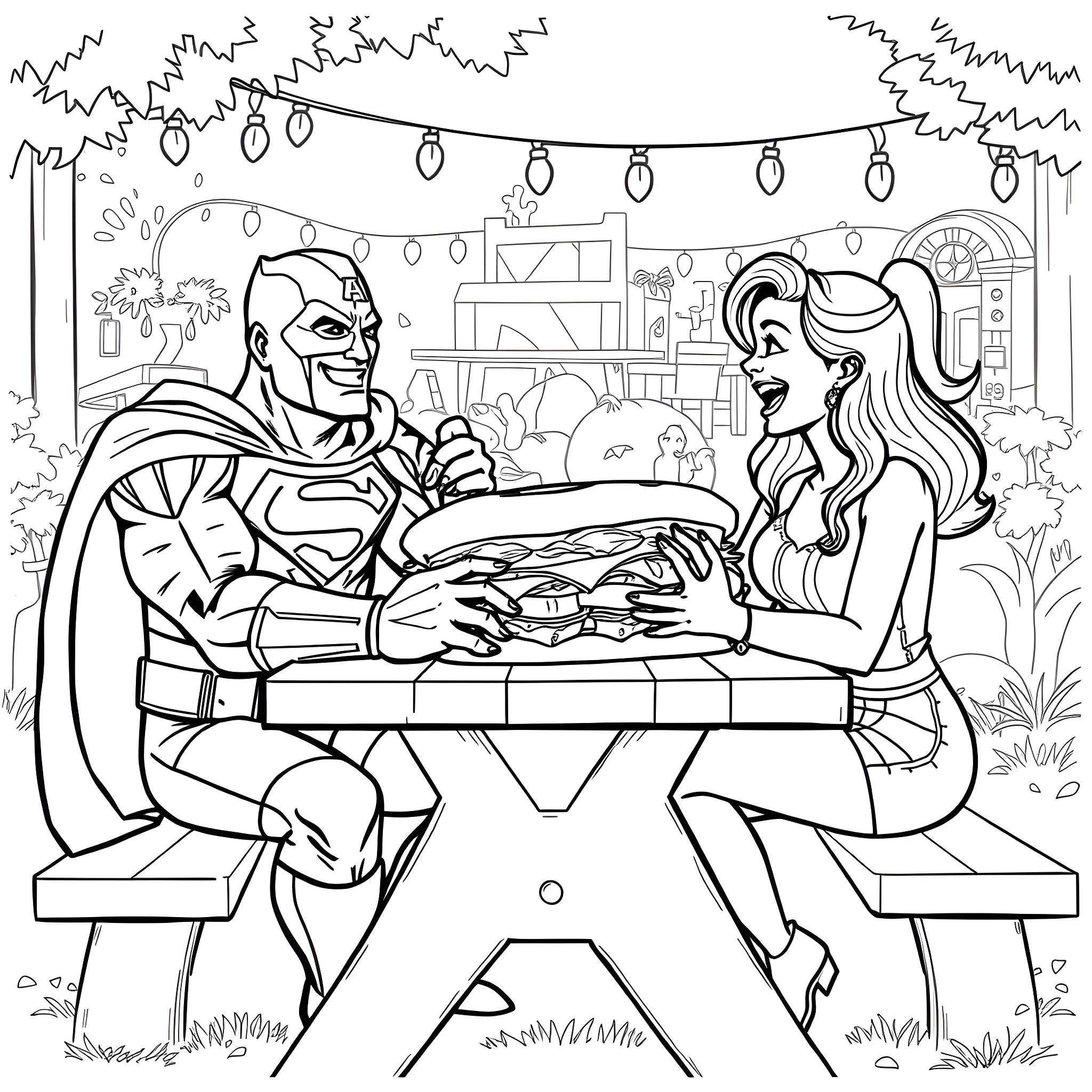 Sub Sandwich: Couple Enjoying Outdoor Meal Coloring Page (free black-and-white line drawing printable PDF for all, from beginners to advanced learners, including children, teens, adults, and seniors)