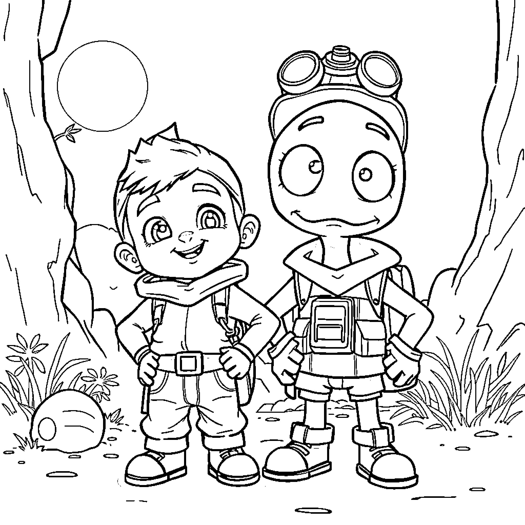 Baby Saja's Outdoor Adventure with Robot Friend Coloring Page (free black-and-white line drawing printable PDF for all, from beginners to advanced learners, including children, teens, adults, and seniors)