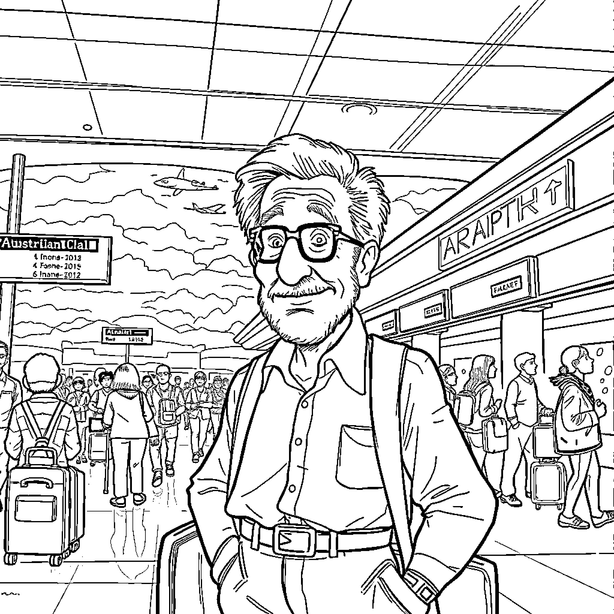Larry David's Curious Expression in Busy Airport Scene Coloring Page (free black-and-white line drawing printable PDF for all, from beginners to advanced learners, including children, teens, adults, and seniors)