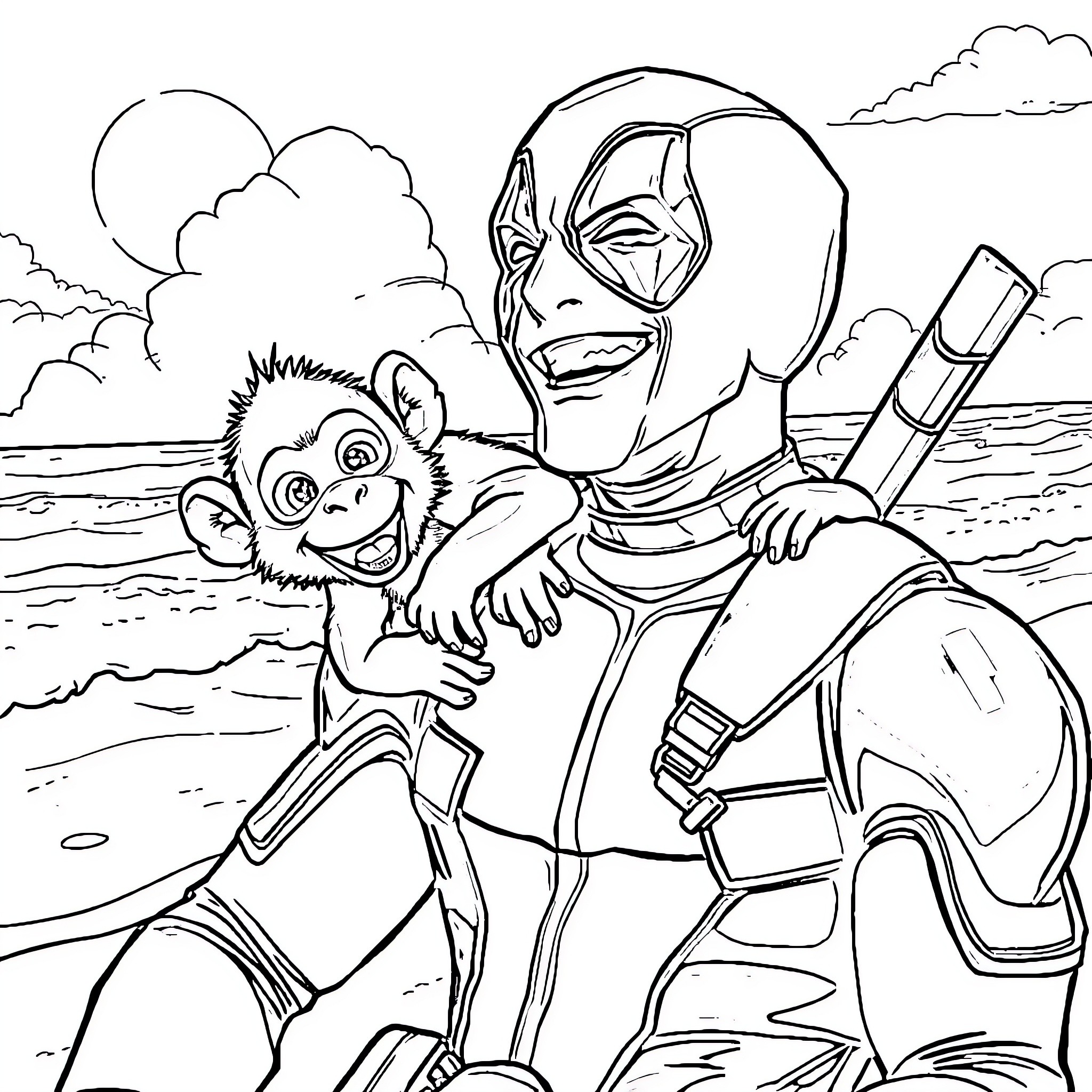 Deadpool posing with a cute monkey sidekick Coloring Page (free black-and-white line drawing printable PDF for all, from beginners to advanced learners, including children, teens, adults, and seniors)