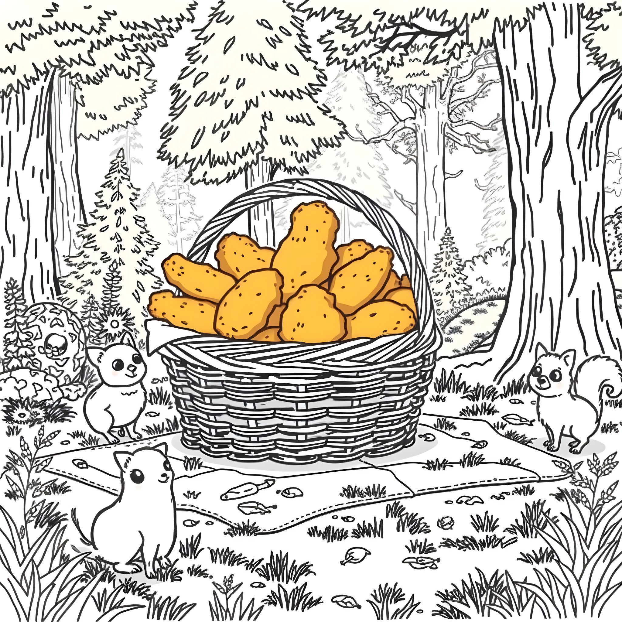 Chicken Basket in the Enchanted Forest Coloring Page (free black-and-white line drawing printable PDF for all, from beginners to advanced learners, including children, teens, adults, and seniors)