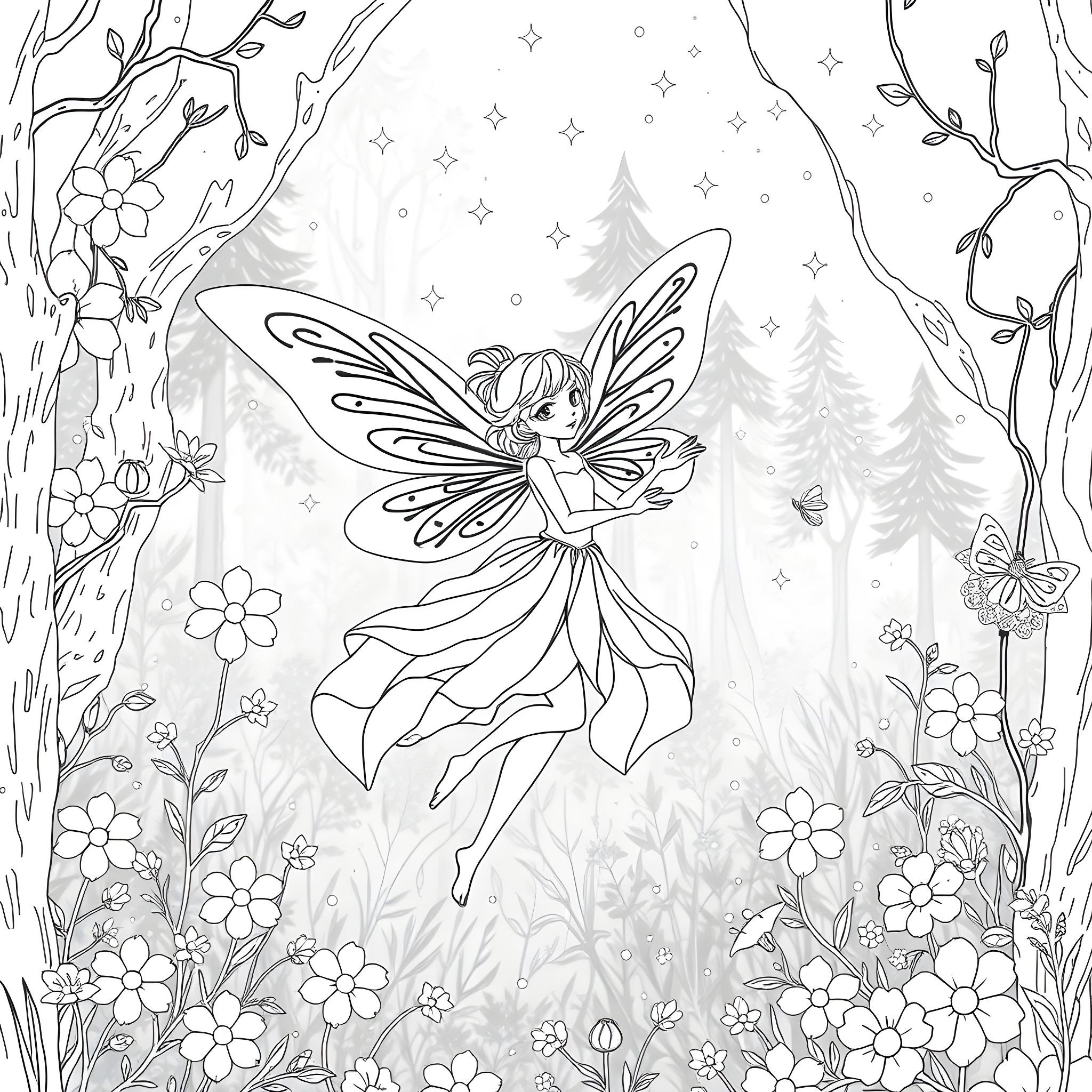 Fairy Exploring the Enchanted Forest Coloring Page (free black-and-white line drawing printable PDF for all, from beginners to advanced learners, including children, teens, adults, and seniors)