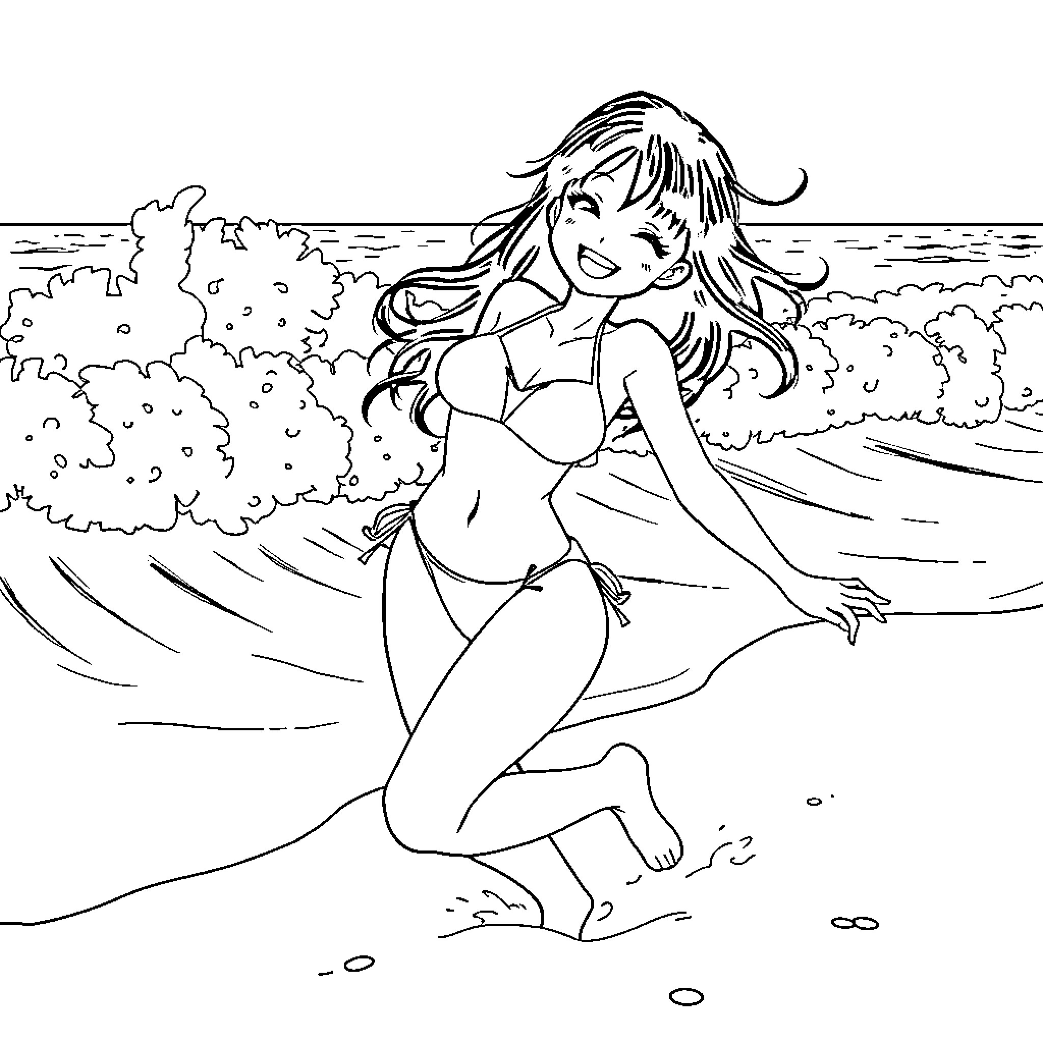 Anime Girl Running Happily on Beach Coloring Page (free black-and-white line drawing printable PDF for all, from beginners to advanced learners, including children, teens, adults, and seniors)