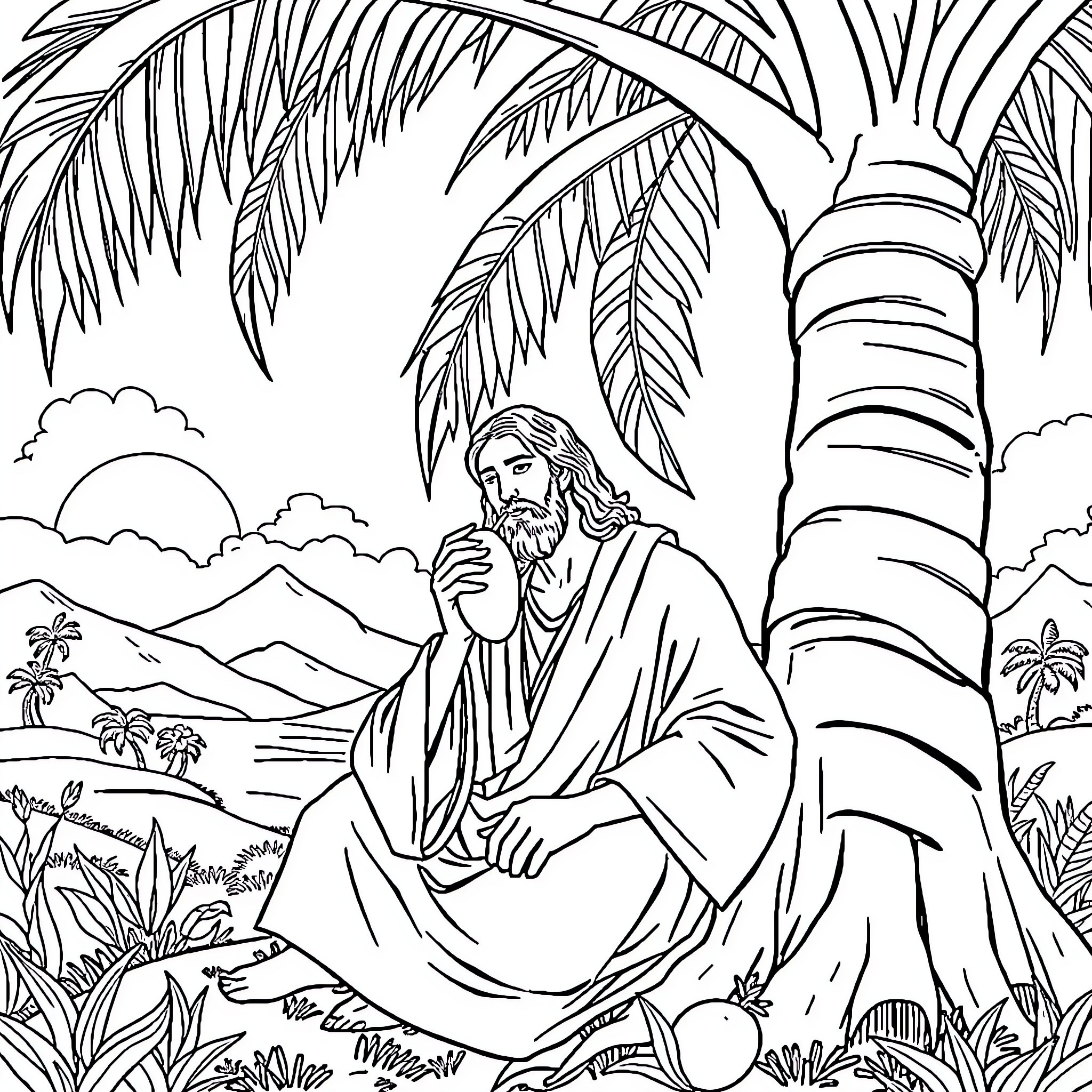 Jesus Resting in the Peaceful Wilderness Coloring Page (free black-and-white line drawing printable PDF for all, from beginners to advanced learners, including children, teens, adults, and seniors)