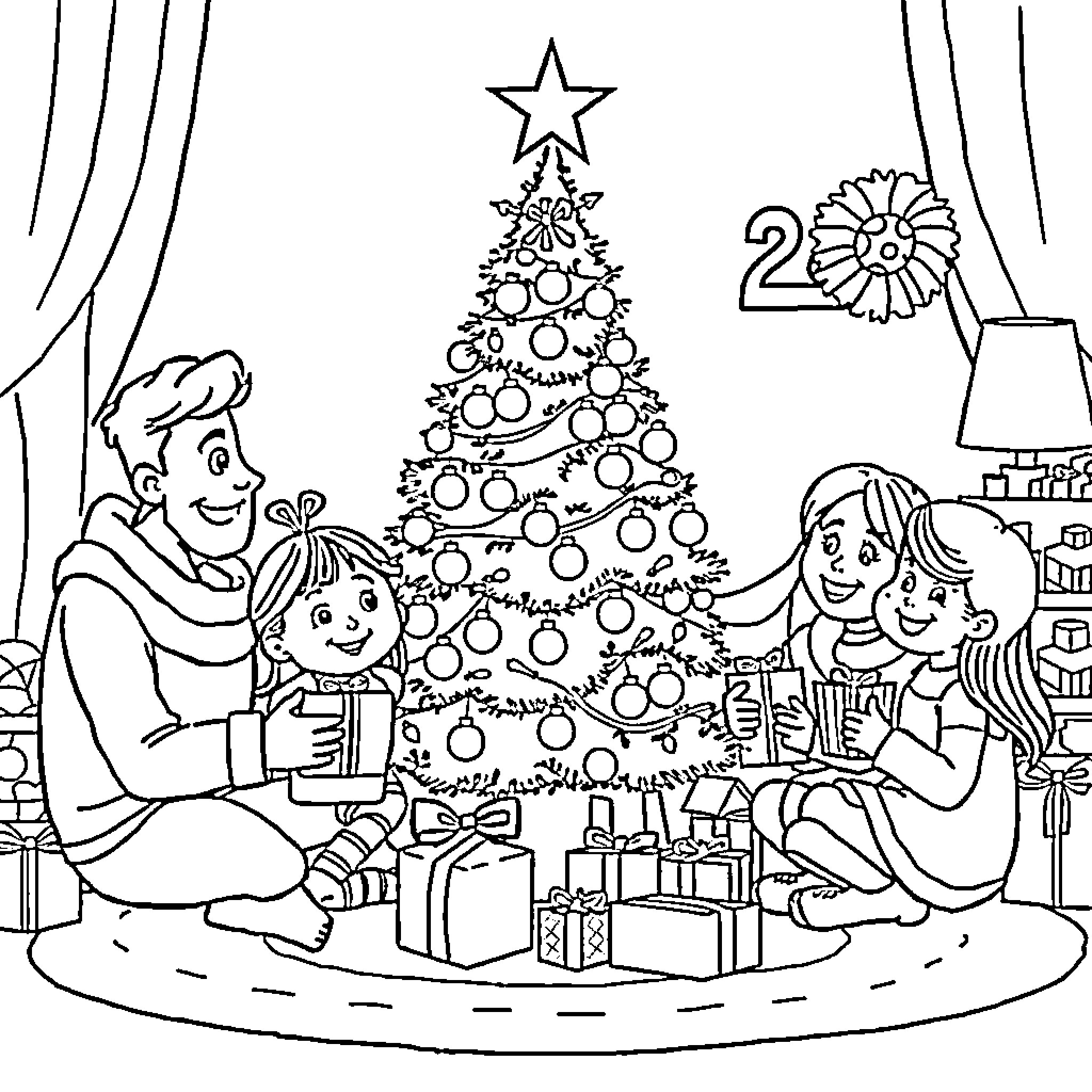 Family decorating Christmas tree together Coloring Page (free black-and-white line drawing printable PDF for all, from beginners to advanced learners, including children, teens, adults, and seniors)