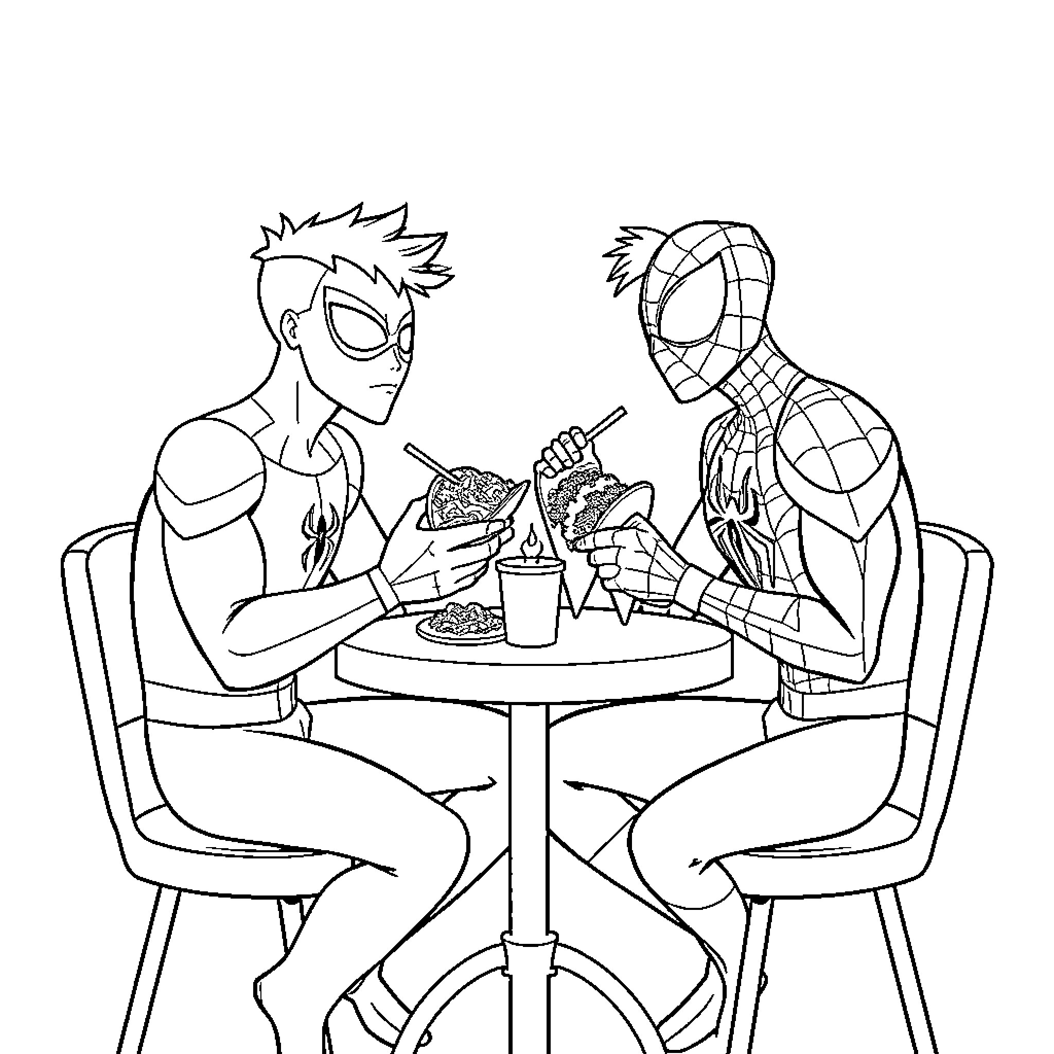 Spider-Man and Spiderman Enjoying a Meal Together Coloring Page (free black-and-white line drawing printable PDF for all, from beginners to advanced learners, including children, teens, adults, and seniors)