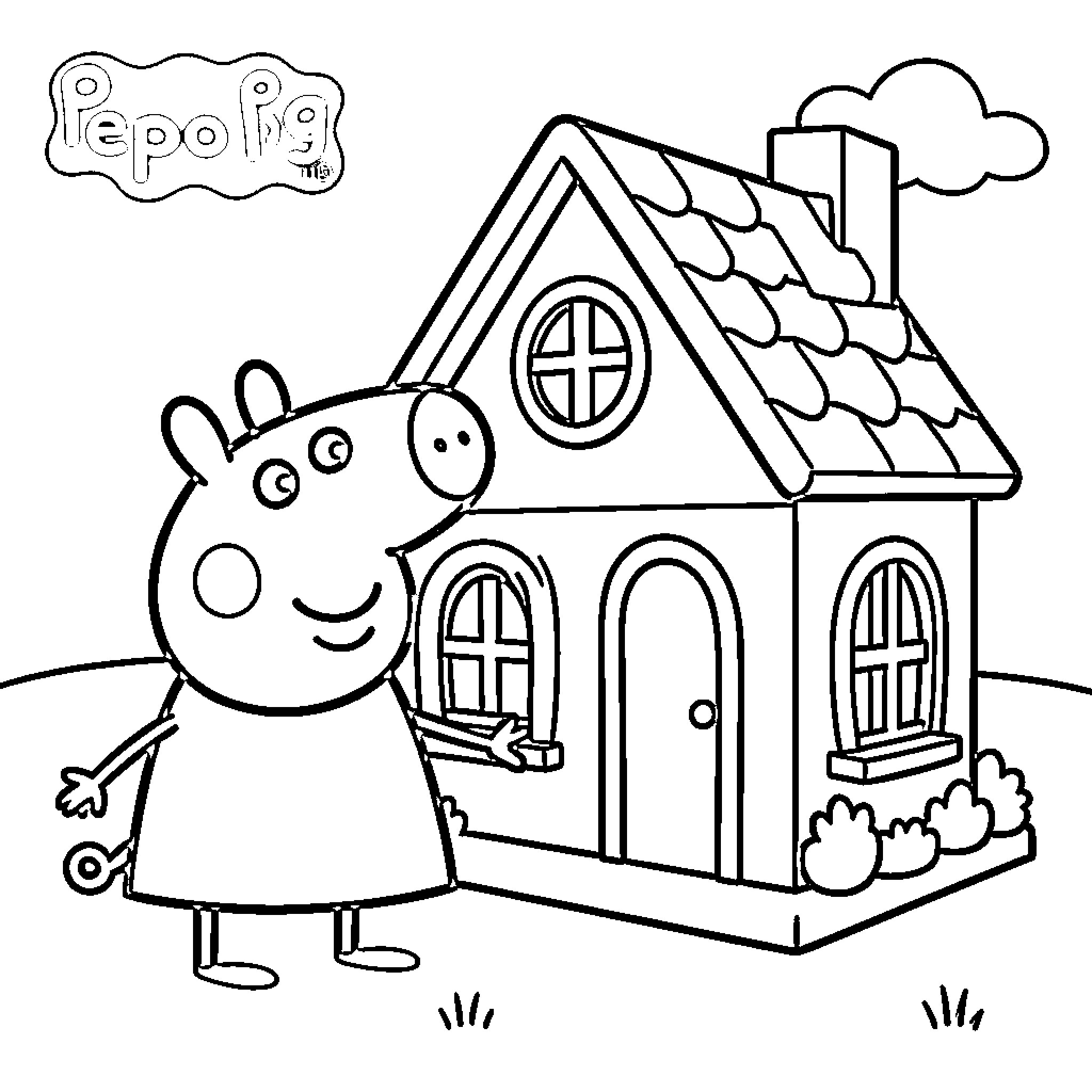 Peppa Pig playing near her house Coloring Page (free black-and-white line drawing printable PDF for all, from beginners to advanced learners, including children, teens, adults, and seniors)
