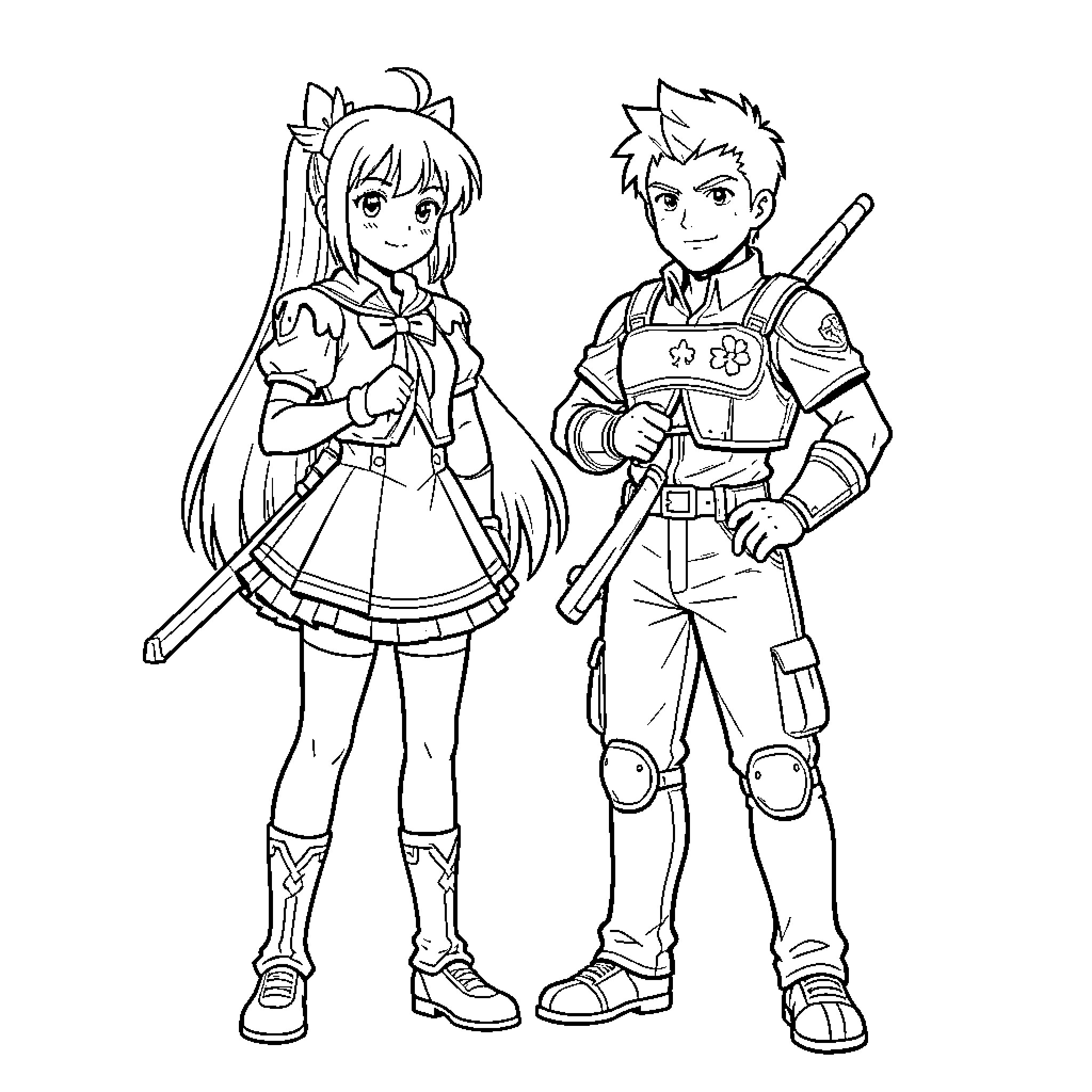 Sakura anime characters standing together in adventurous outfits Coloring Page (free black-and-white line drawing printable PDF for all, from beginners to advanced learners, including children, teens, adults, and seniors)