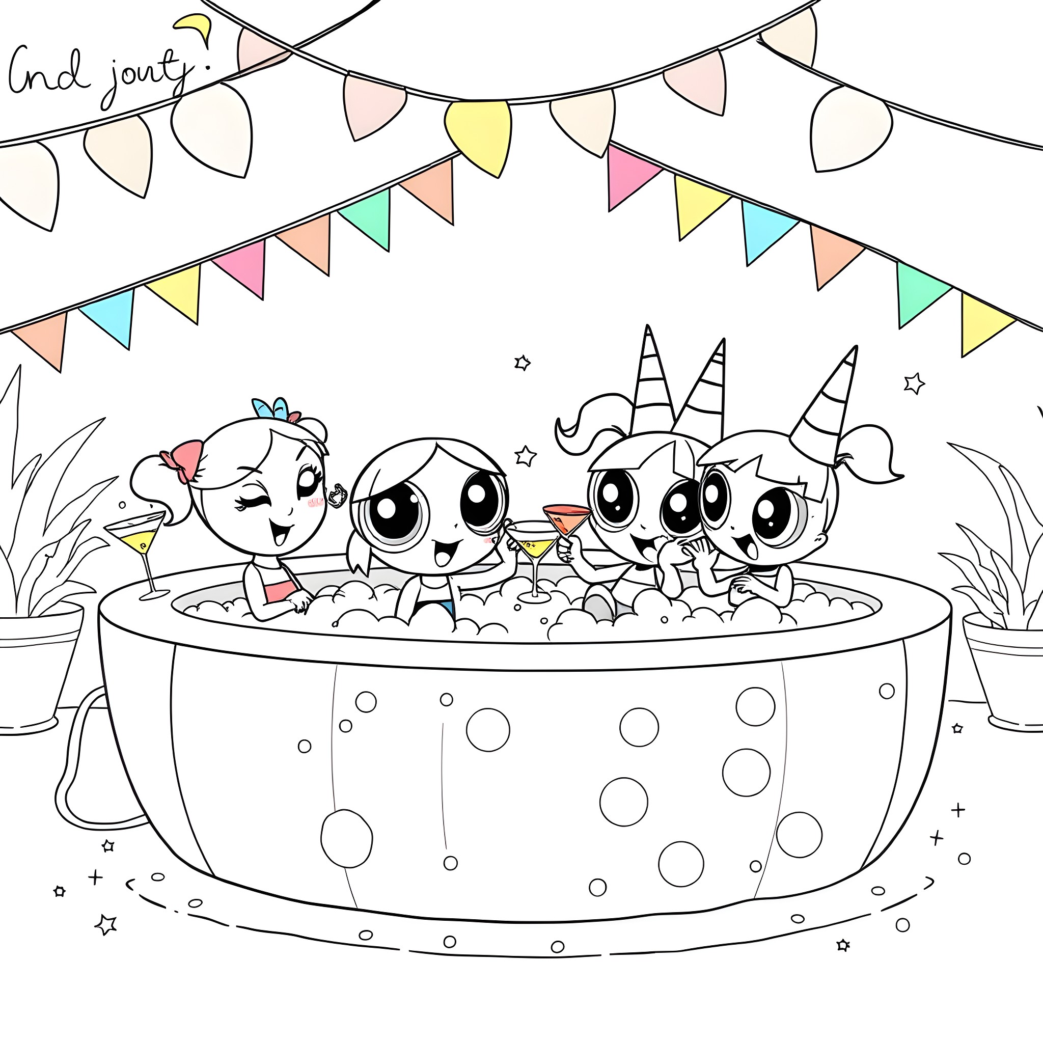 Powerpuff Girls enjoying a pool party with colorful decorations Coloring Page (free black-and-white line drawing printable PDF for all, from beginners to advanced learners, including children, teens, adults, and seniors)