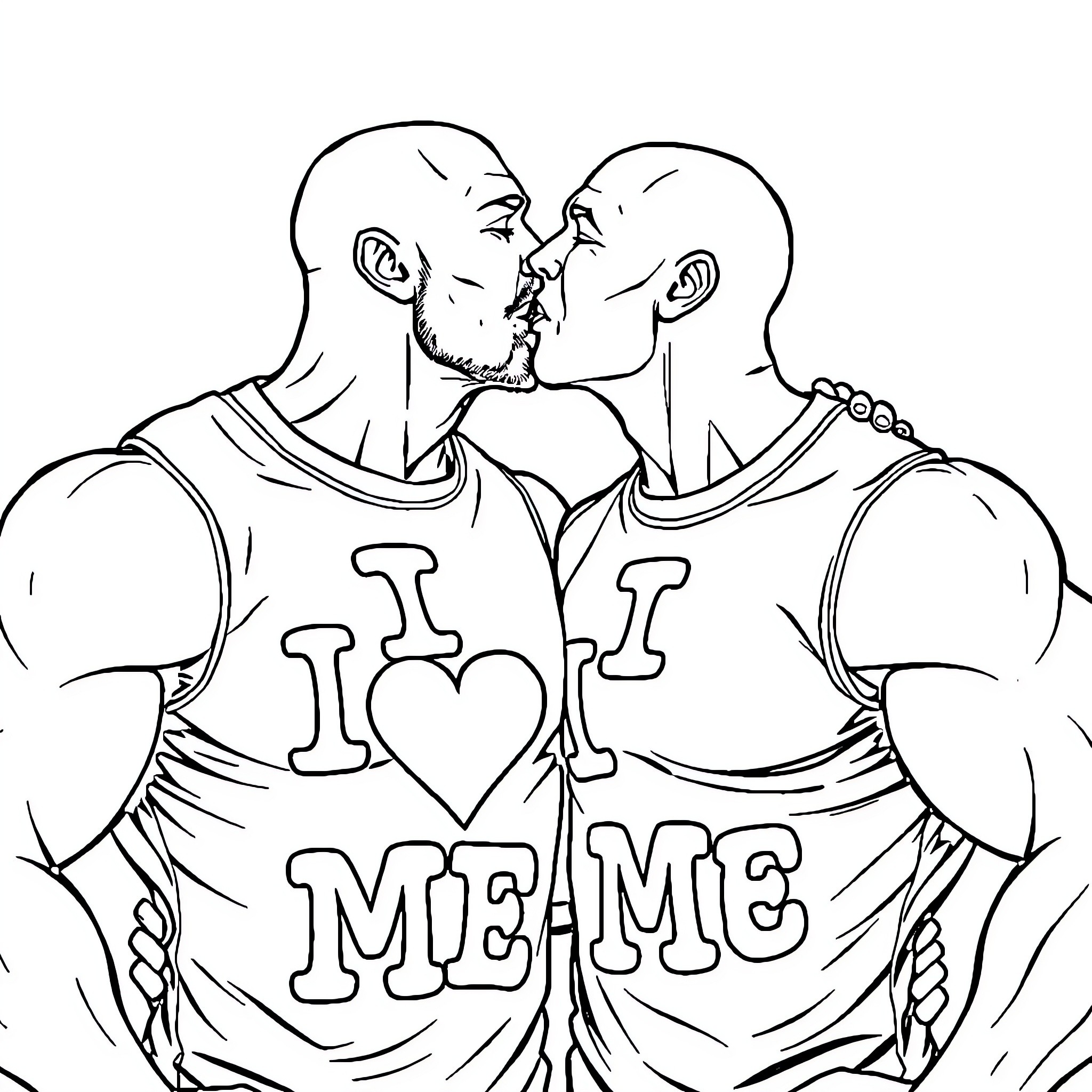 Bald Guys Expressing Love for Each Other Coloring Page (free black-and-white line drawing printable PDF for all, from beginners to advanced learners, including children, teens, adults, and seniors)