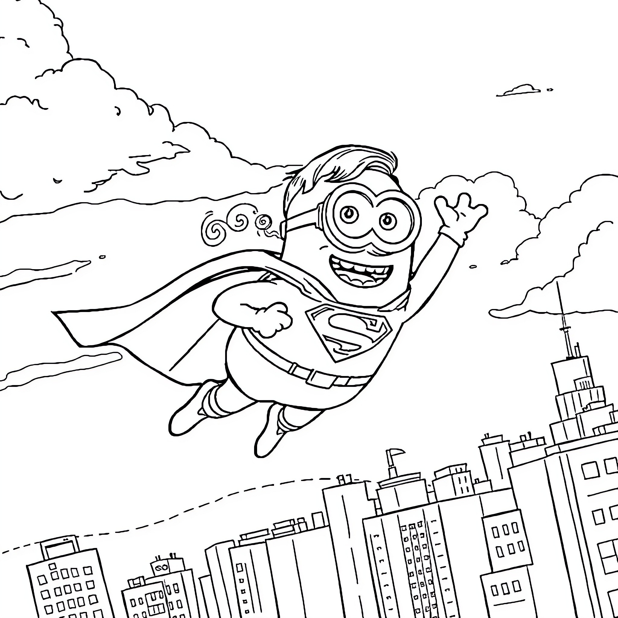 Minion superhero soaring over city skyline Coloring Page (free black-and-white line drawing printable PDF for all, from beginners to advanced learners, including children, teens, adults, and seniors)