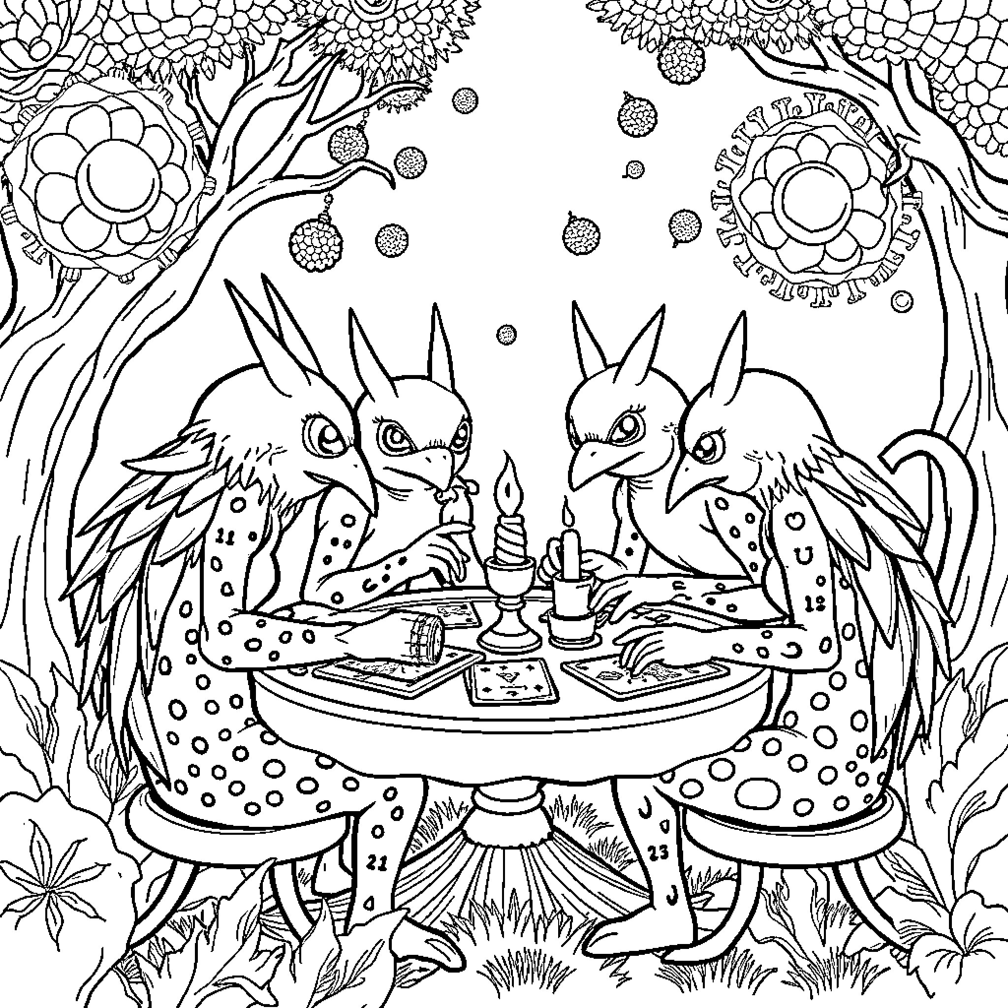 Huntrix Bunnies Celebrate Whimsical Feast in Enchanted Forest Coloring Page (free black-and-white line drawing printable PDF for all, from beginners to advanced learners, including children, teens, adults, and seniors)
