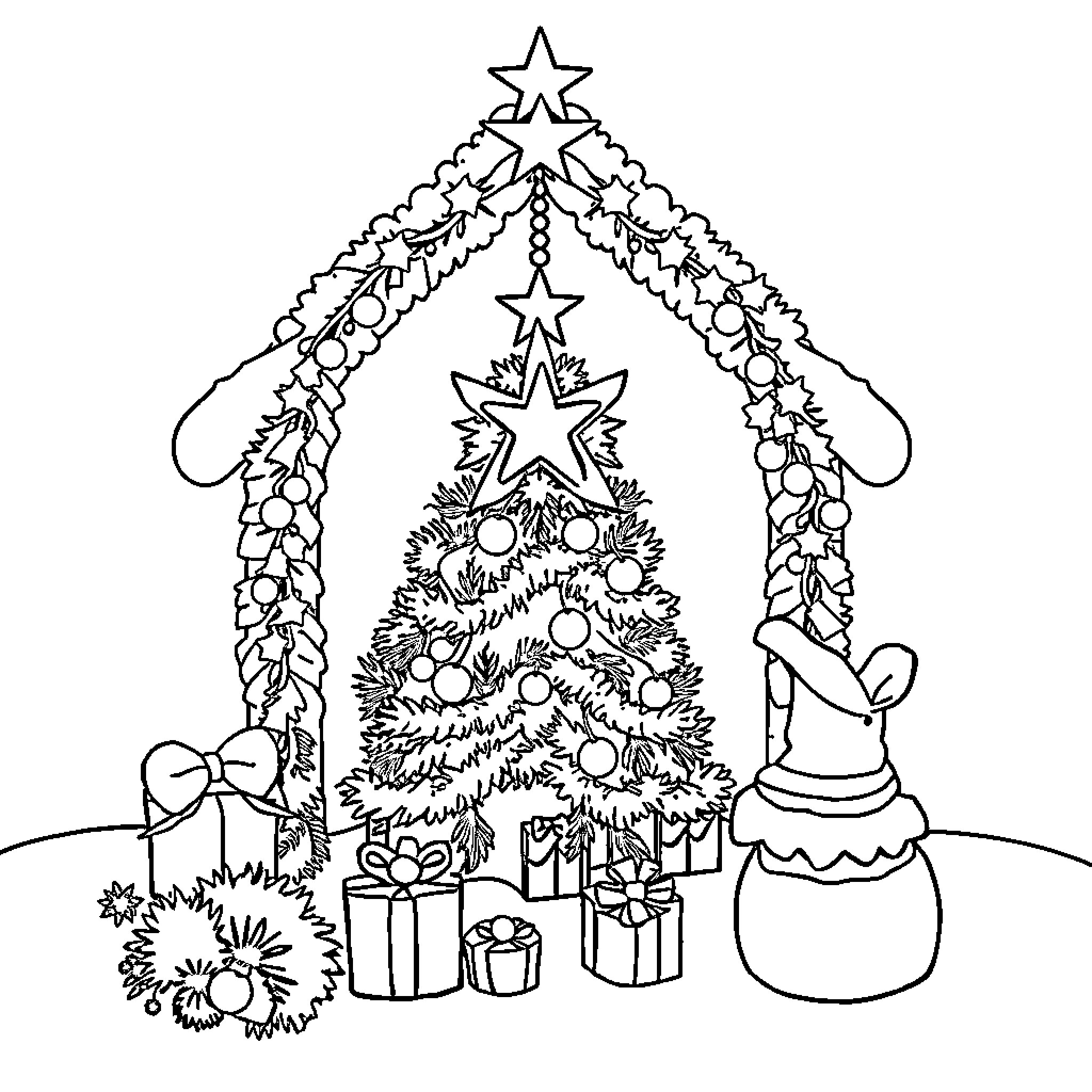 Christmas decorations around a festive tree Coloring Page (free black-and-white line drawing printable PDF for all, from beginners to advanced learners, including children, teens, adults, and seniors)
