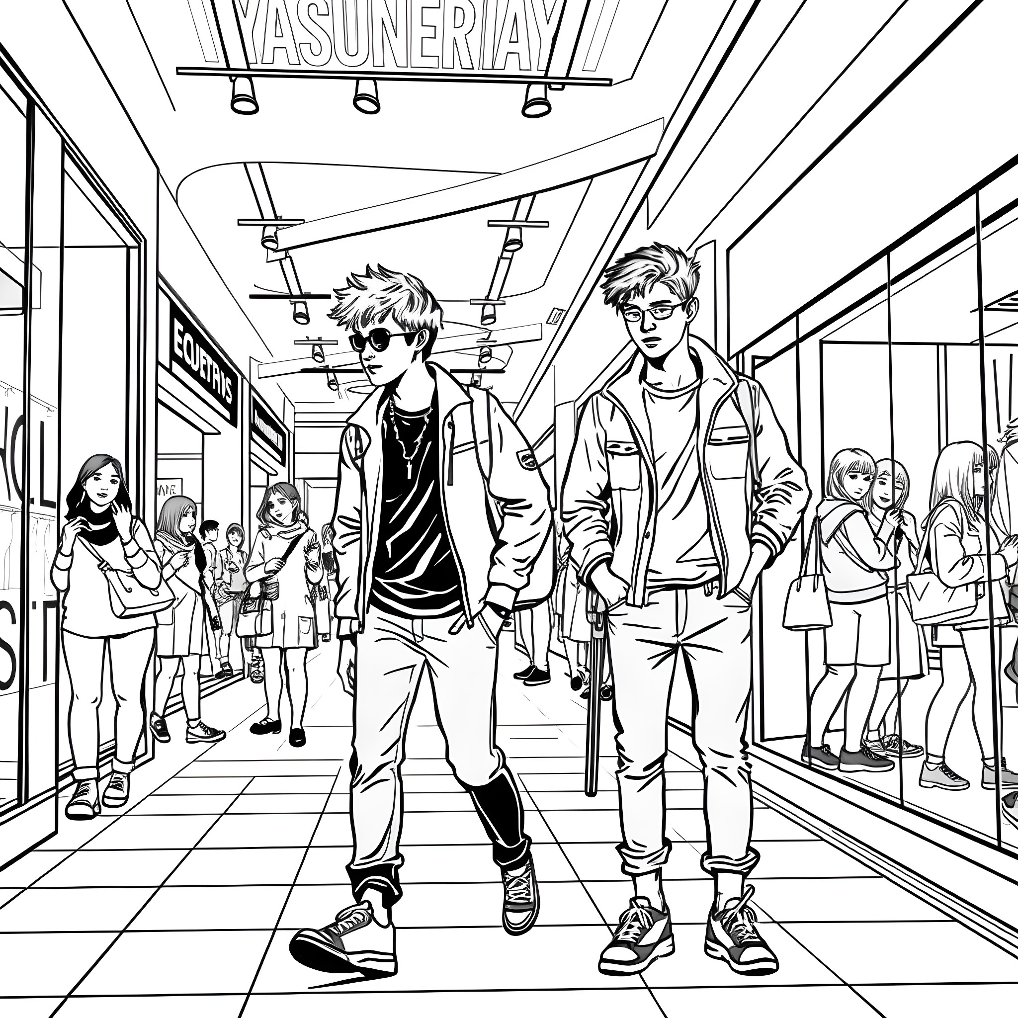 Teen Guys Exploring the City Streets Coloring Page (free black-and-white line drawing printable PDF for all, from beginners to advanced learners, including children, teens, adults, and seniors)