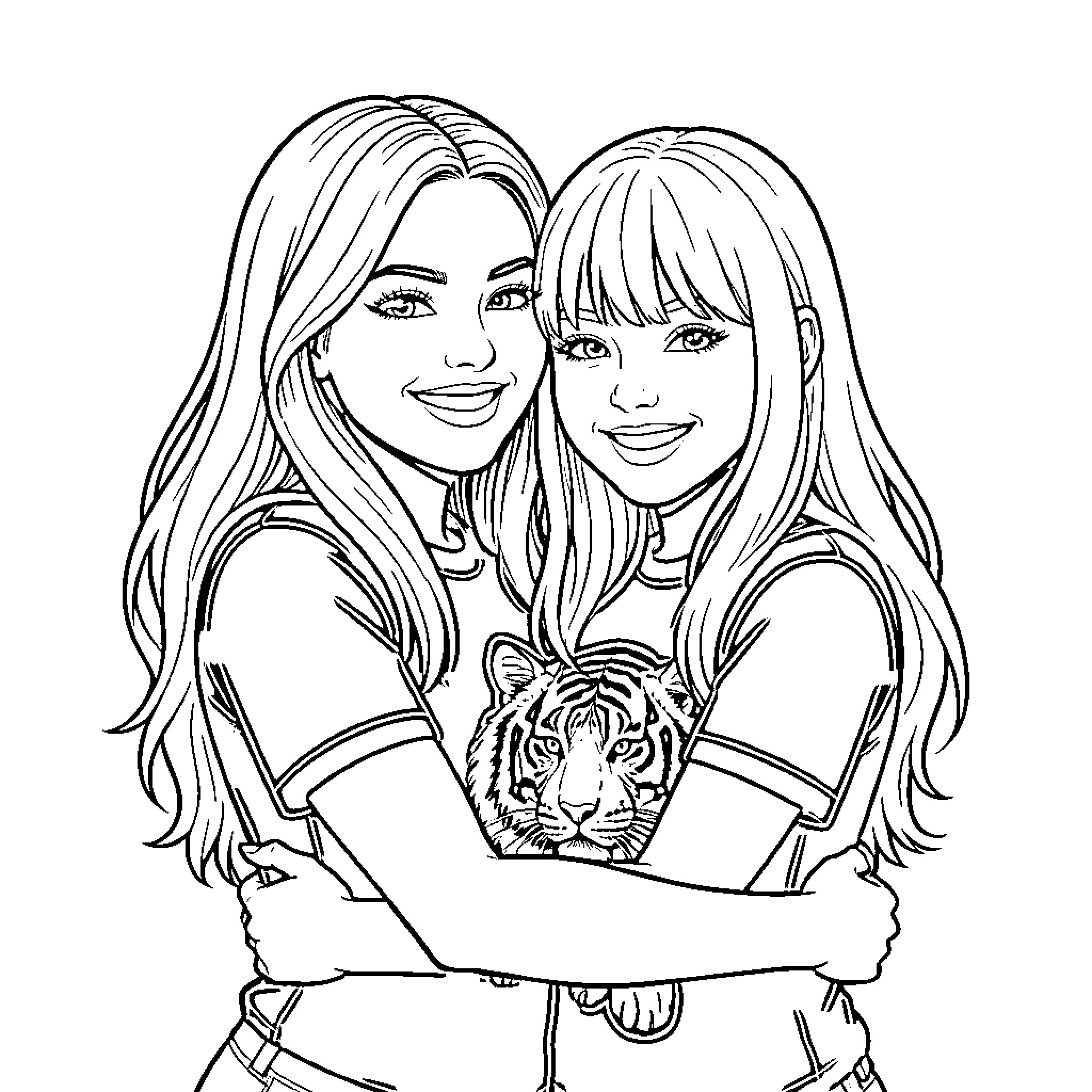Ariana Grande smiling while hugging a friendly tiger Coloring Page (free black-and-white line drawing printable PDF for all, from beginners to advanced learners, including children, teens, adults, and seniors)