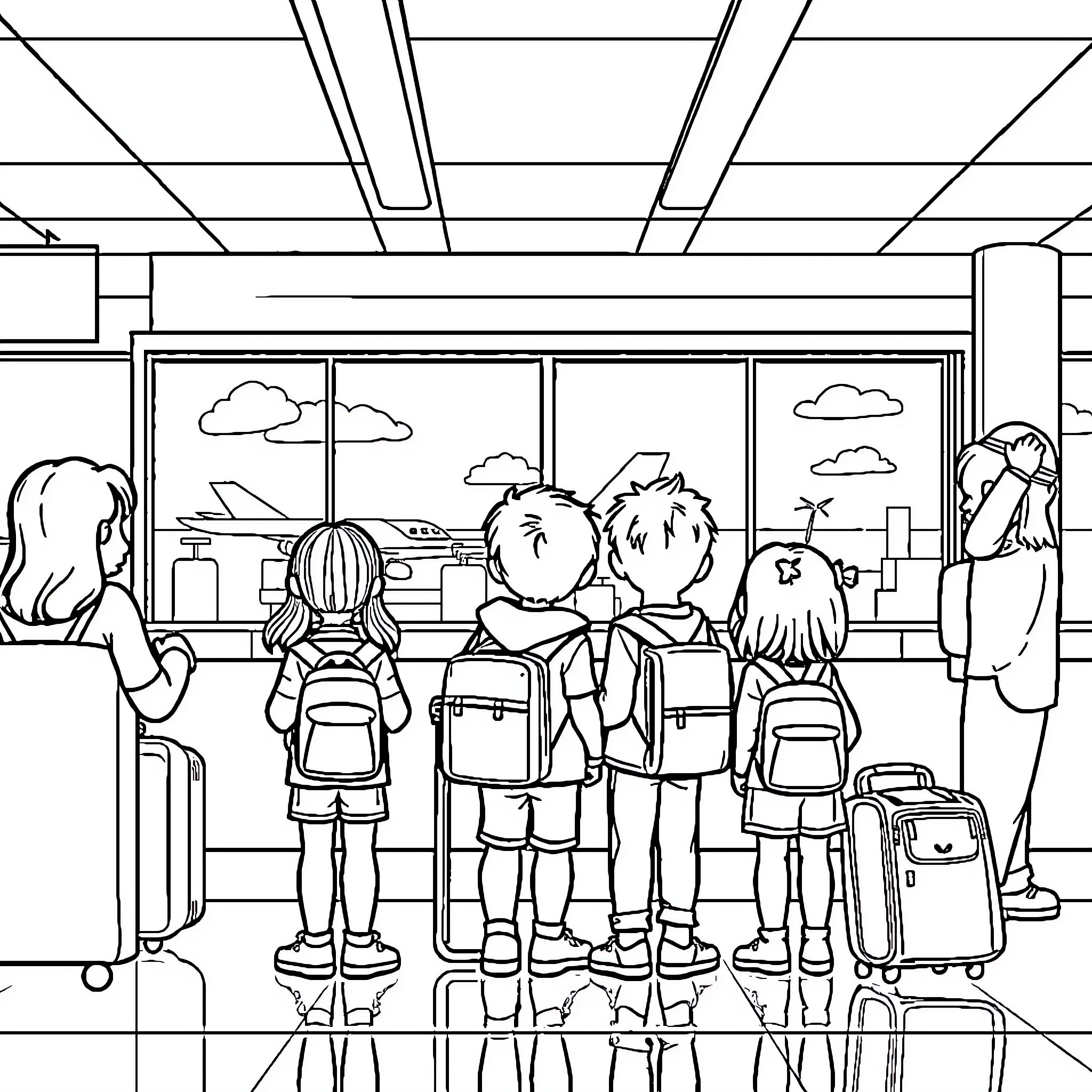 Kid travelers waiting at airport terminal Coloring Page (free black-and-white line drawing printable PDF for all, from beginners to advanced learners, including children, teens, adults, and seniors)