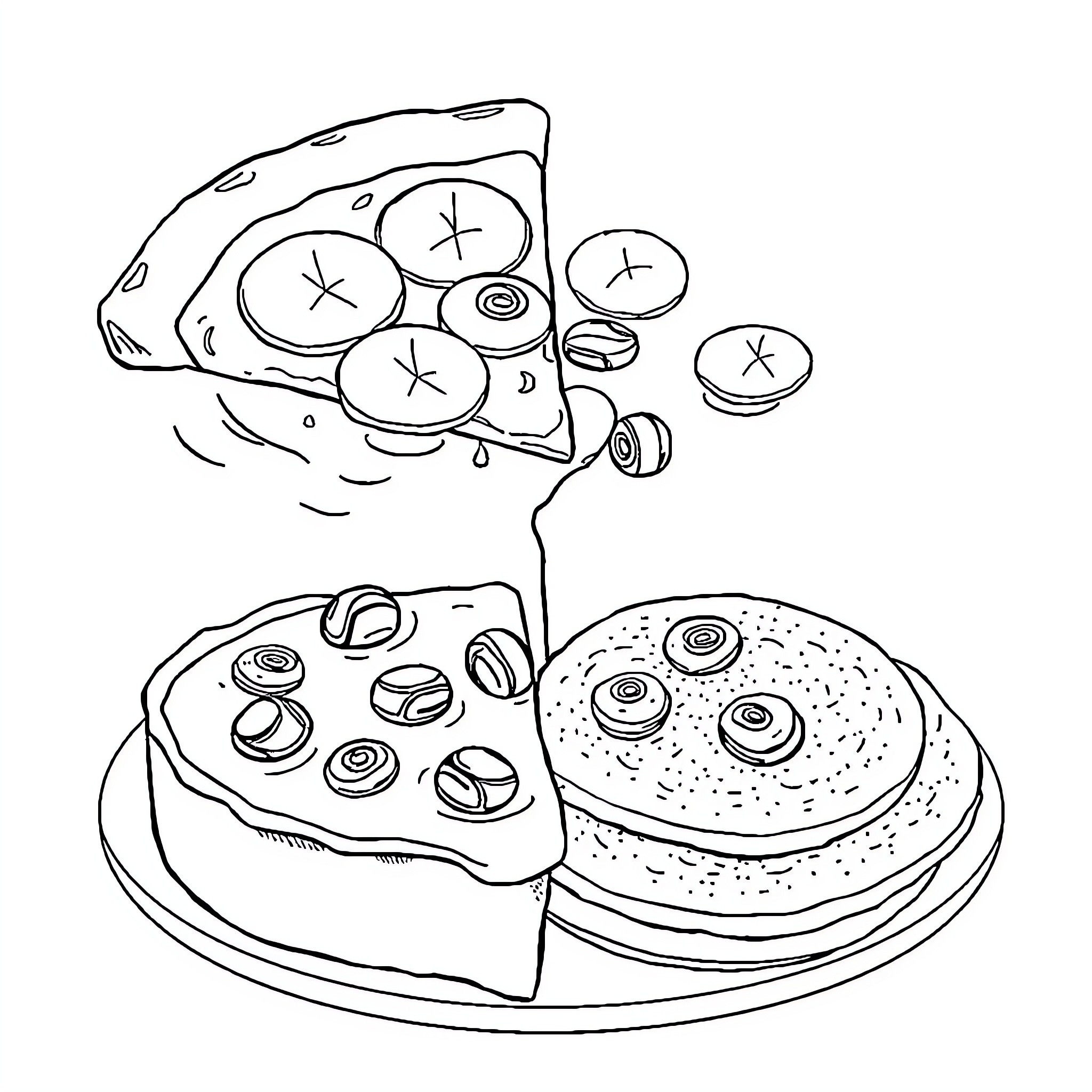 Food creatively served on plates Coloring Page (free black-and-white line drawing printable PDF for all, from beginners to advanced learners, including children, teens, adults, and seniors)