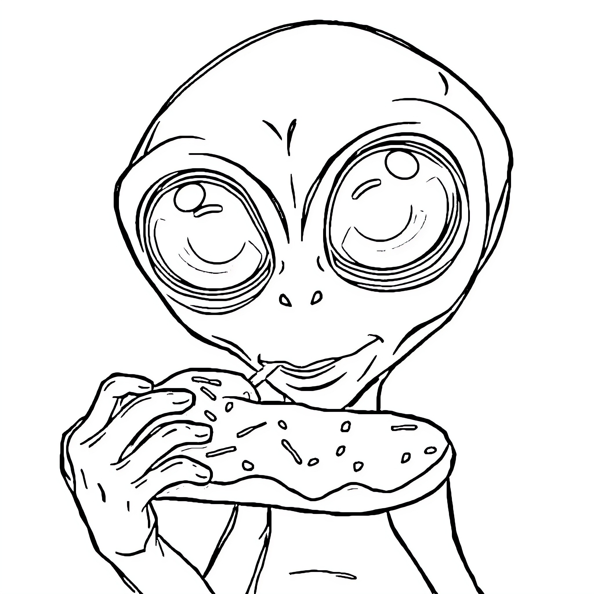 Alien enjoying a tasty snack Coloring Page (free black-and-white line drawing printable PDF for all, from beginners to advanced learners, including children, teens, adults, and seniors)