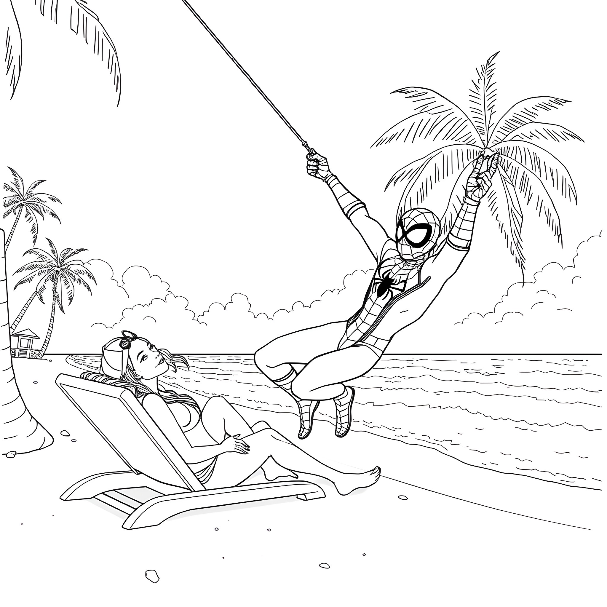 Spider-Man swinging over beachgoers on a tropical island Coloring Page (free black-and-white line drawing printable PDF for all, from beginners to advanced learners, including children, teens, adults, and seniors)