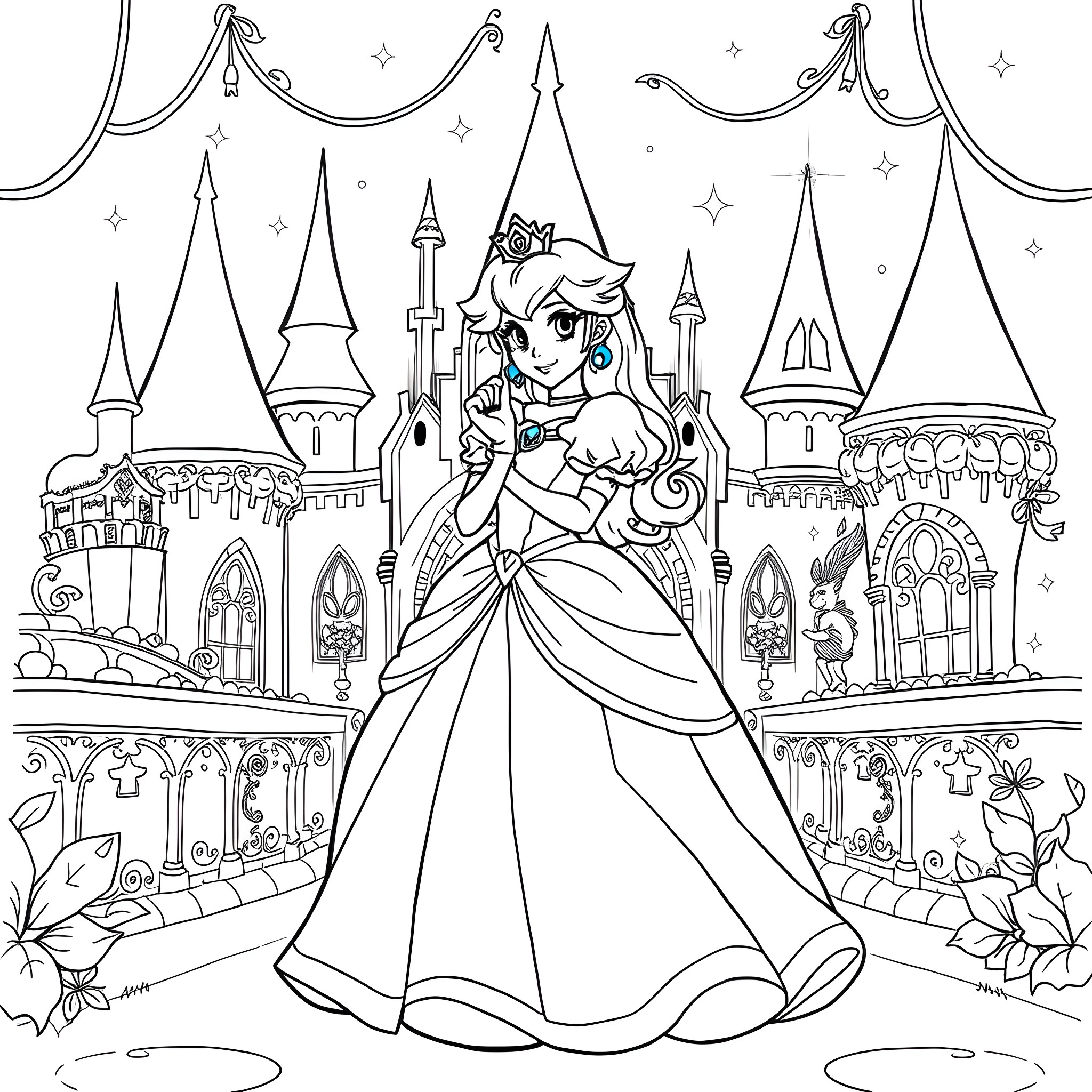 Princess Peach in a magical castle setting Coloring Page (free black-and-white line drawing printable PDF for all, from beginners to advanced learners, including children, teens, adults, and seniors)