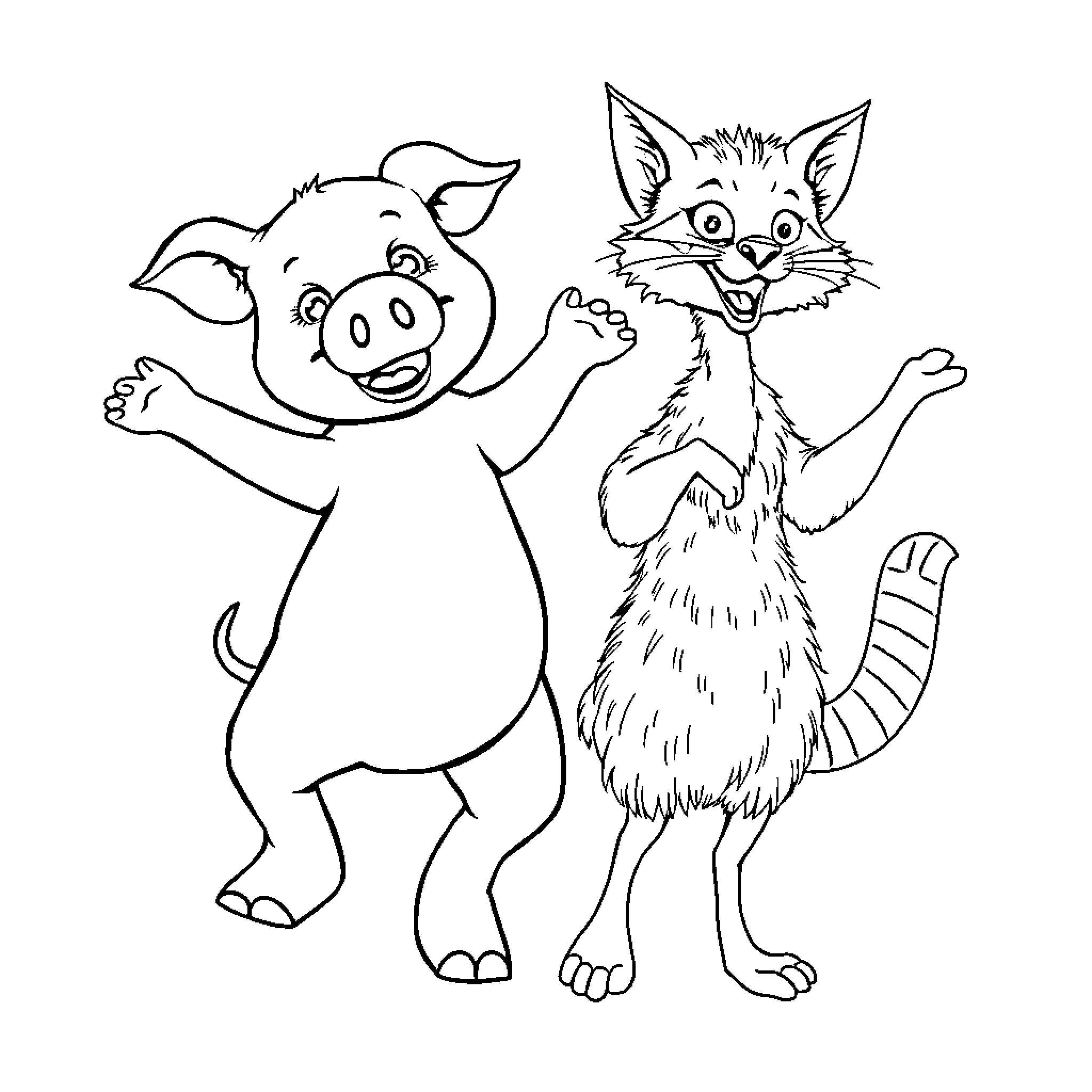 Dog and Cat having a playful interaction Coloring Page (free black-and-white line drawing printable PDF for all, from beginners to advanced learners, including children, teens, adults, and seniors)