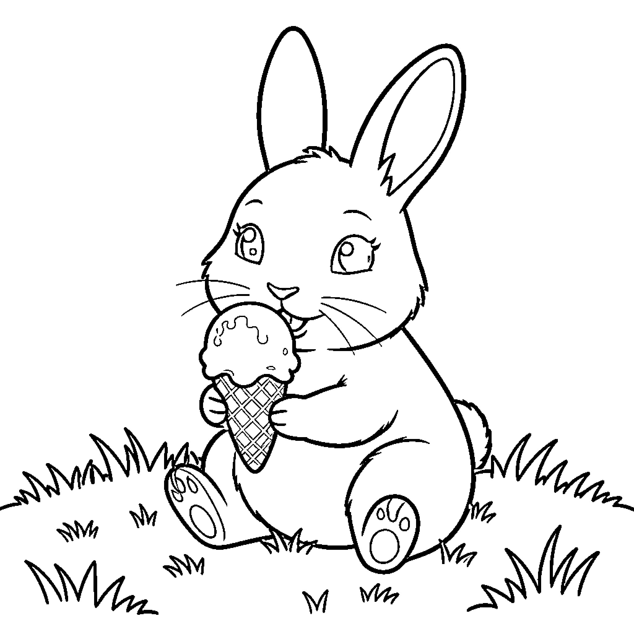 Rabbit sitting in the grass eating ice cream Coloring Page (free black-and-white line drawing printable PDF for all, from beginners to advanced learners, including children, teens, adults, and seniors)