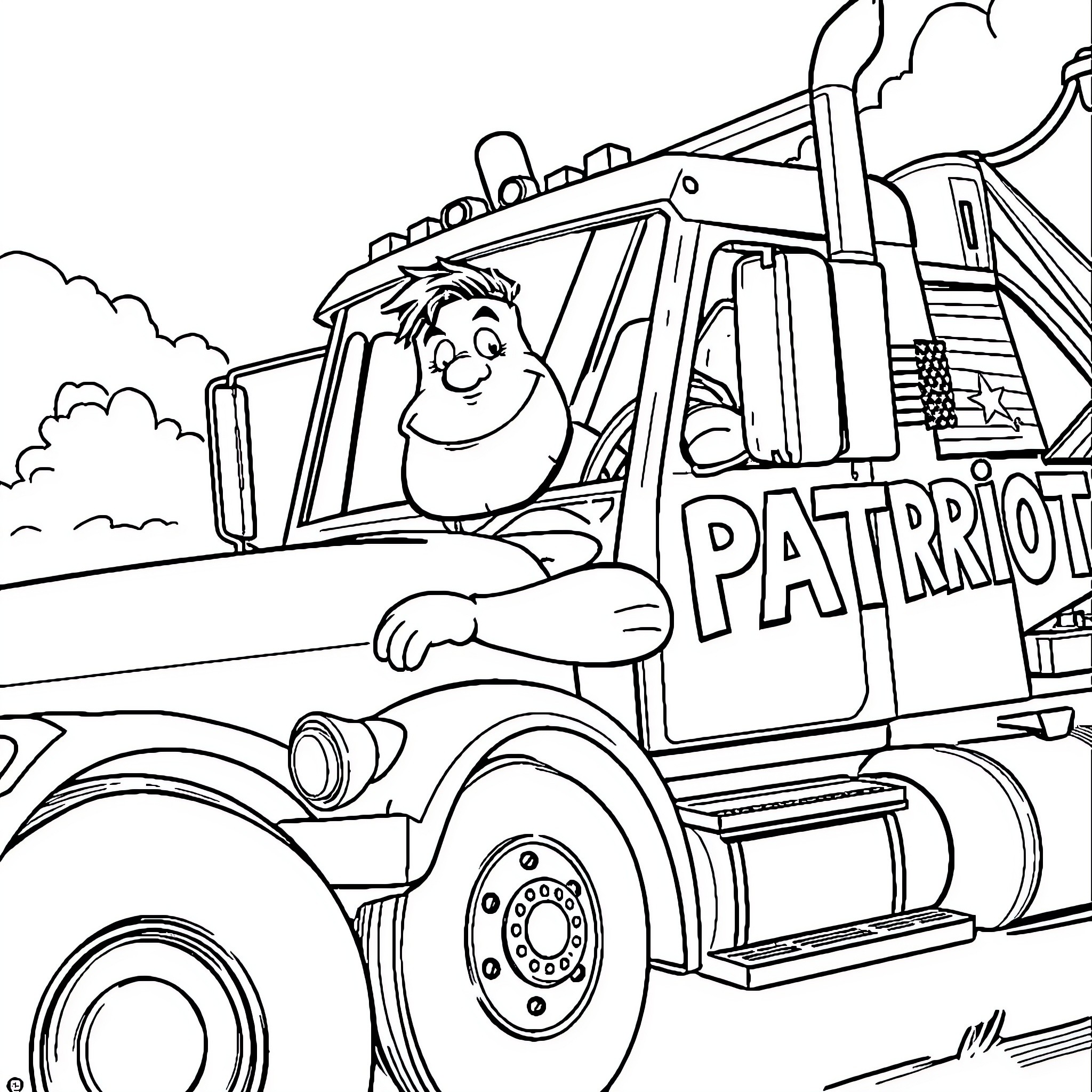 Superman driving patriotic truck with enthusiasm Coloring Page (free black-and-white line drawing printable PDF for all, from beginners to advanced learners, including children, teens, adults, and seniors)