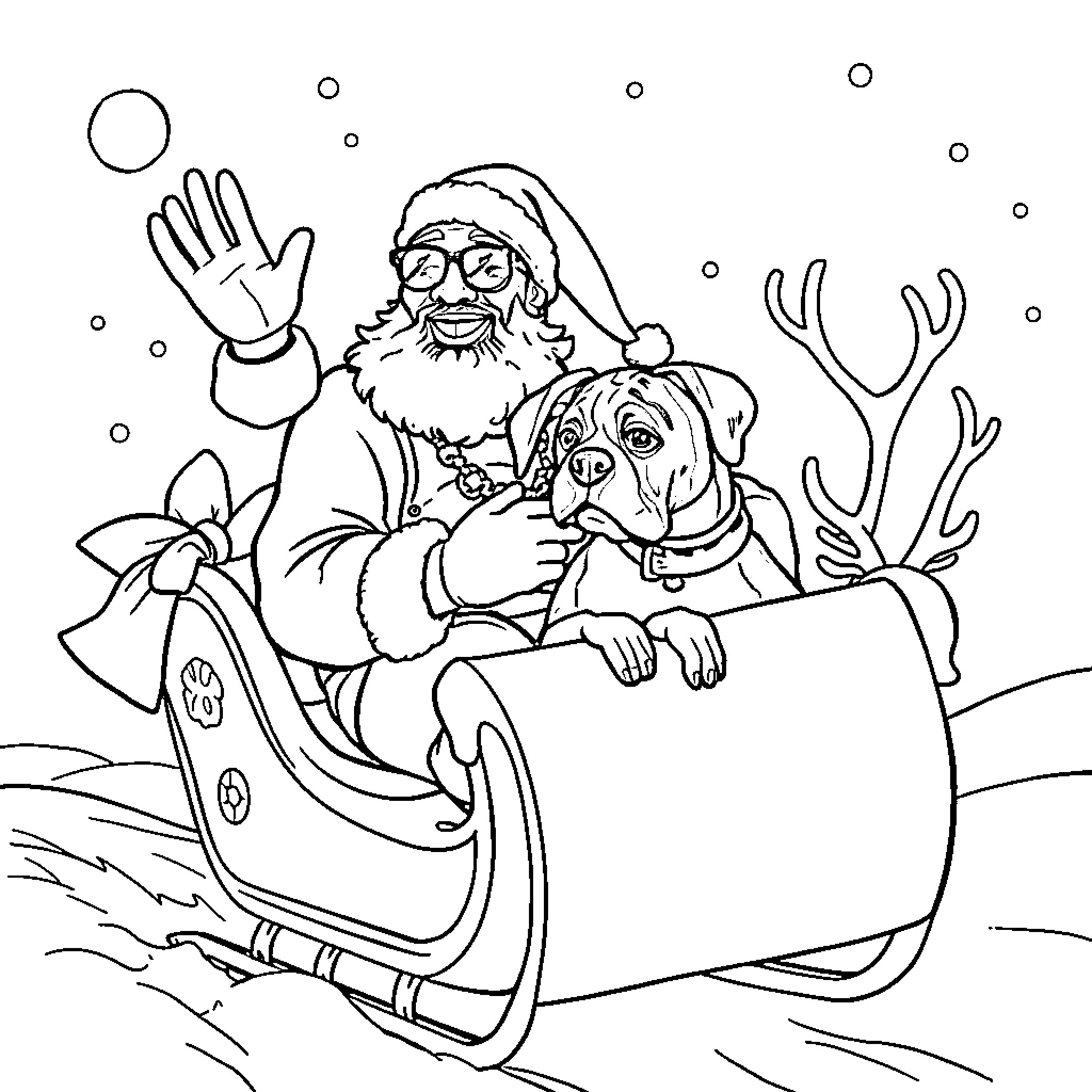 Snoop Dogg riding in a sleigh with a dog Coloring Page (free black-and-white line drawing printable PDF for all, from beginners to advanced learners, including children, teens, adults, and seniors)