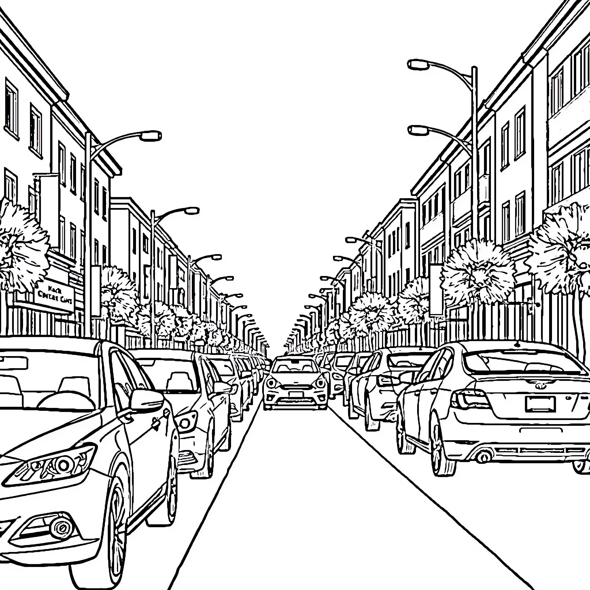 Car-filled city street with storefronts and trees Coloring Page (free black-and-white line drawing printable PDF for all, from beginners to advanced learners, including children, teens, adults, and seniors)