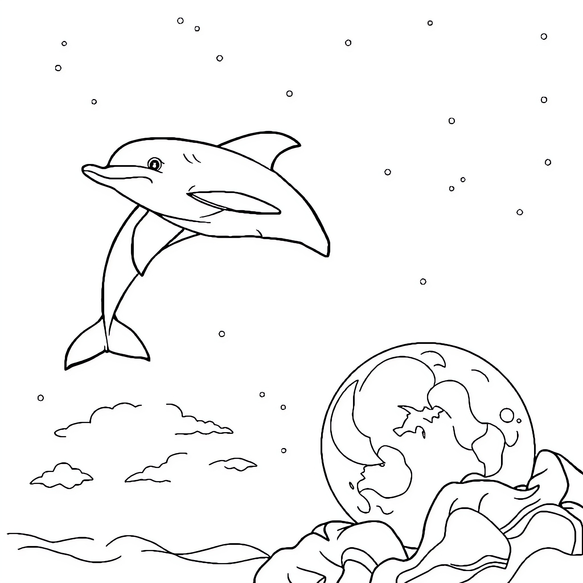 Dolphin swimming joyfully in the ocean Coloring Page (free black-and-white line drawing printable PDF for all, from beginners to advanced learners, including children, teens, adults, and seniors)