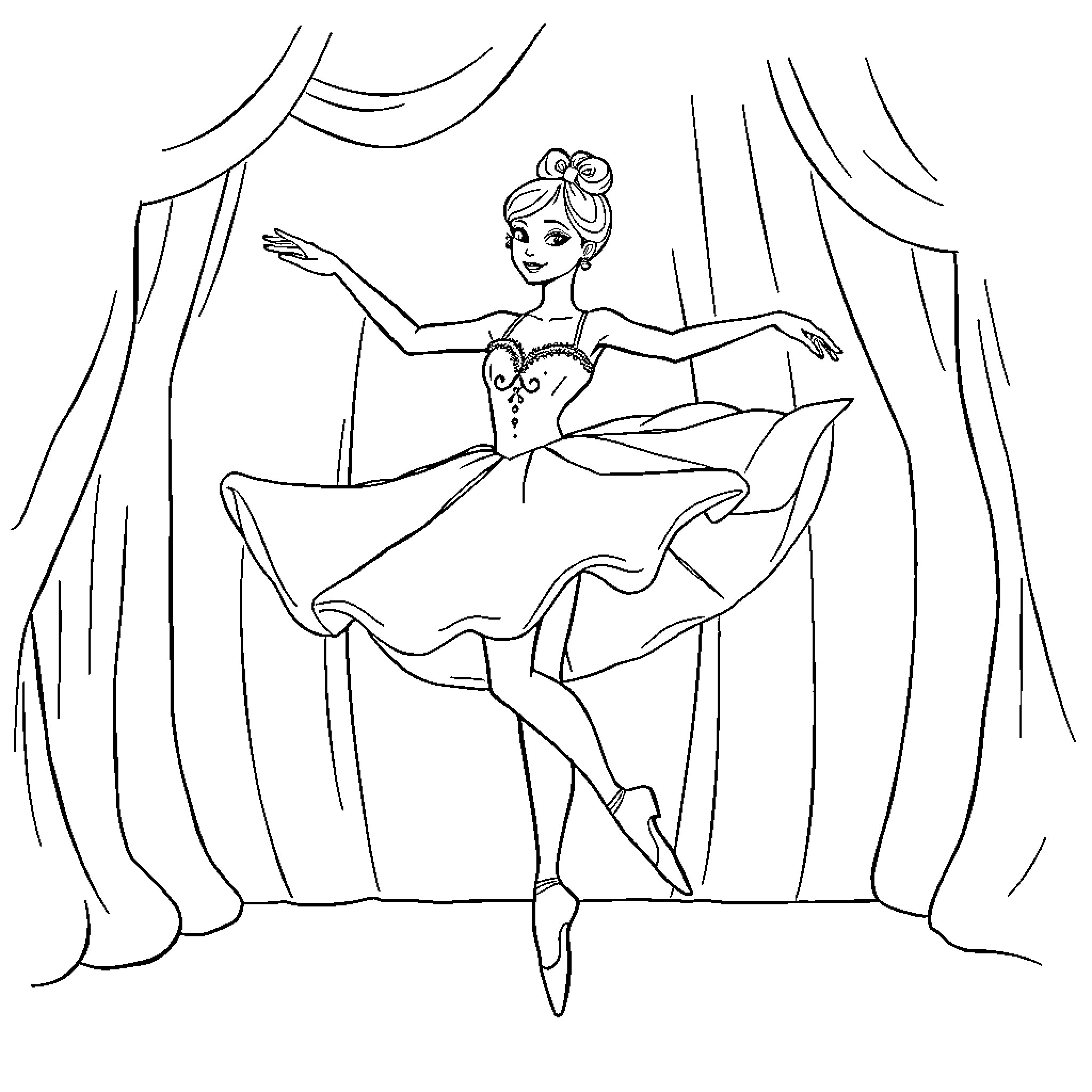 Ballerina gracefully performing on stage Coloring Page (free black-and-white line drawing printable PDF for all, from beginners to advanced learners, including children, teens, adults, and seniors)