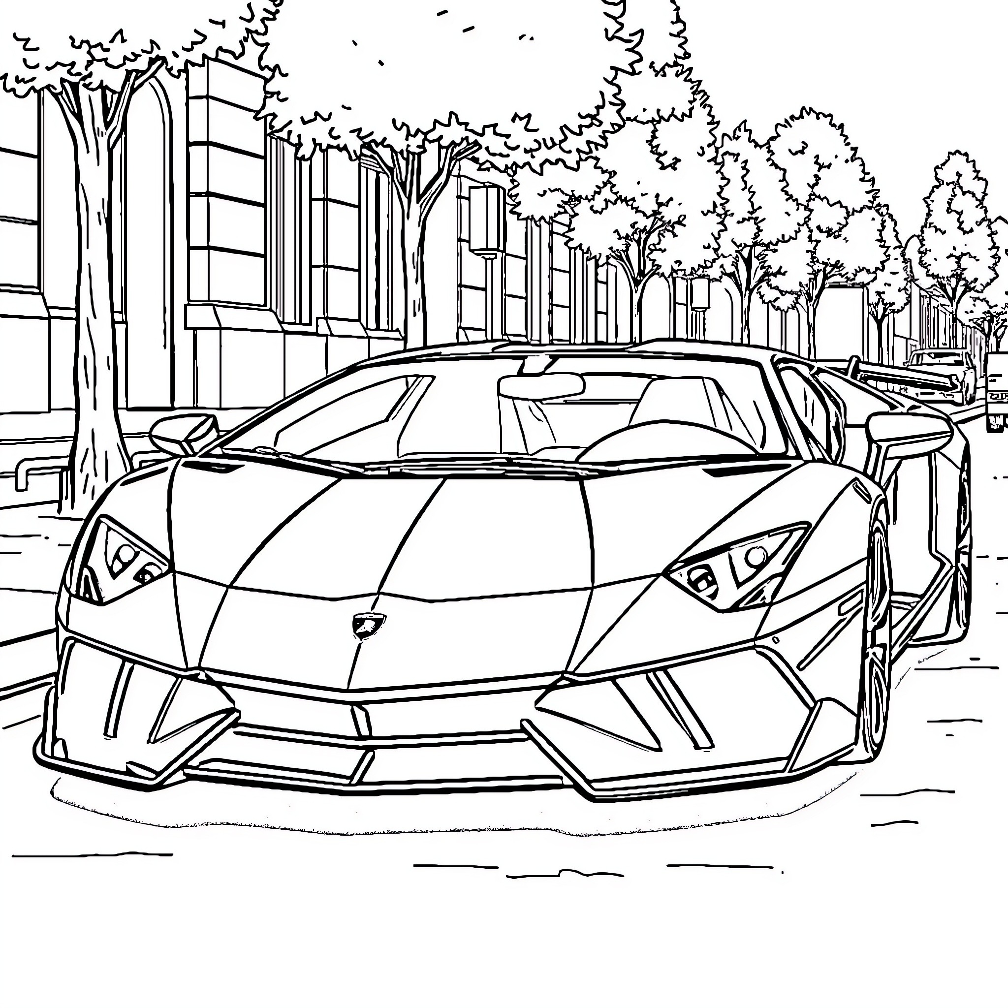 Lamborghini supercar driving through scenic town Coloring Page (free black-and-white line drawing printable PDF for all, from beginners to advanced learners, including children, teens, adults, and seniors)