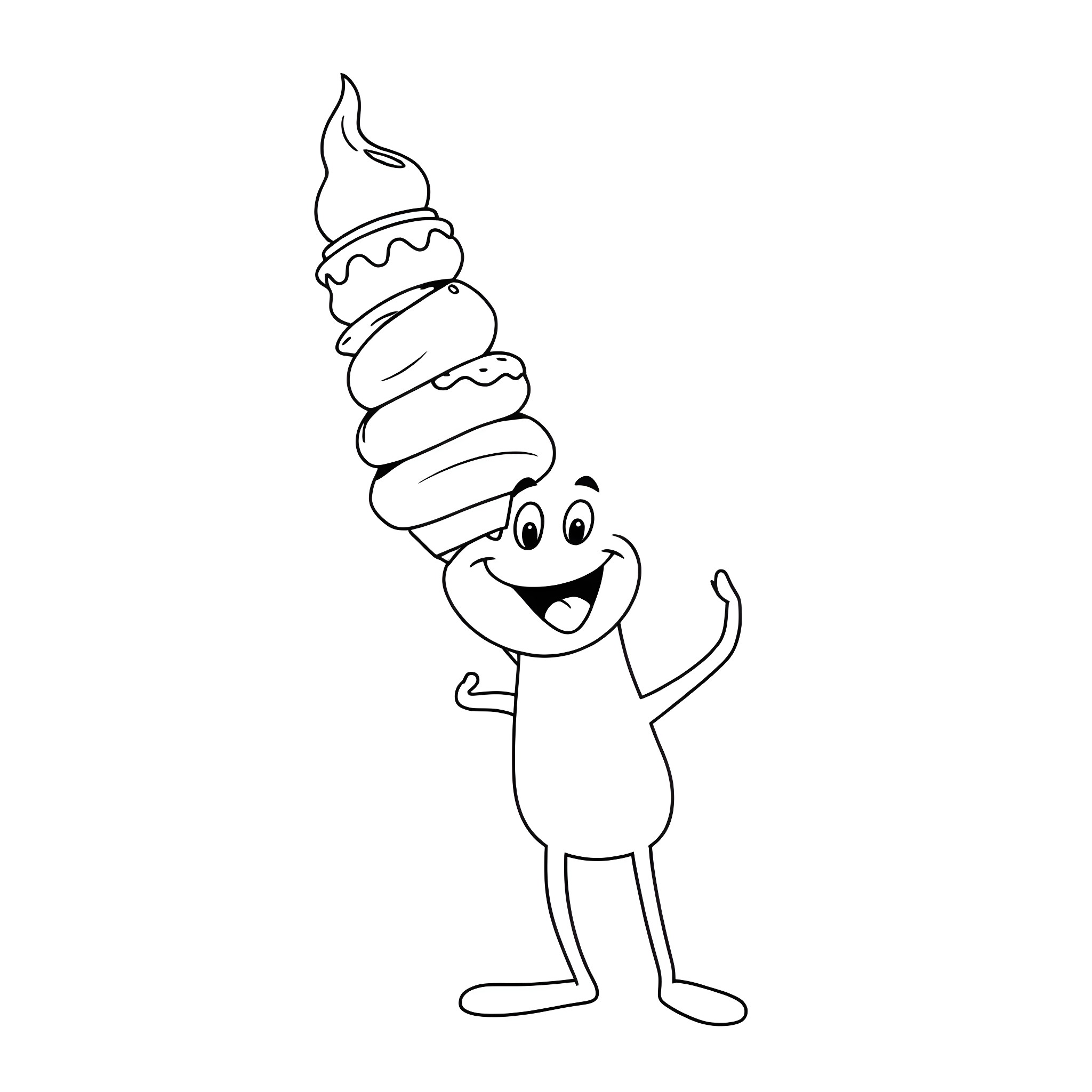 Ice Cream Character Celebrating Coloring Page (free black-and-white line drawing printable PDF for all, from beginners to advanced learners, including children, teens, adults, and seniors)