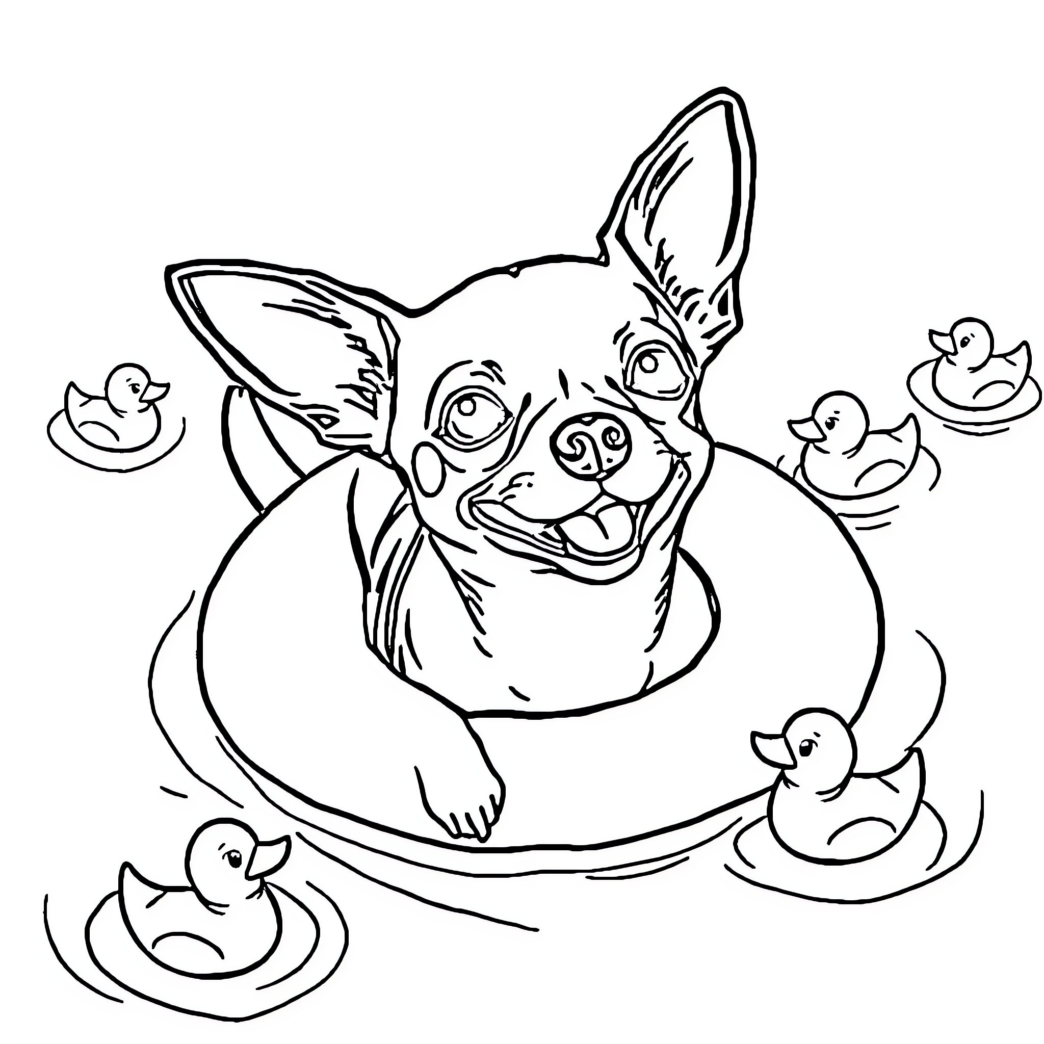 Chihuahua enjoying a relaxing bath with rubber duckies Coloring Page (free black-and-white line drawing printable PDF for all, from beginners to advanced learners, including children, teens, adults, and seniors)