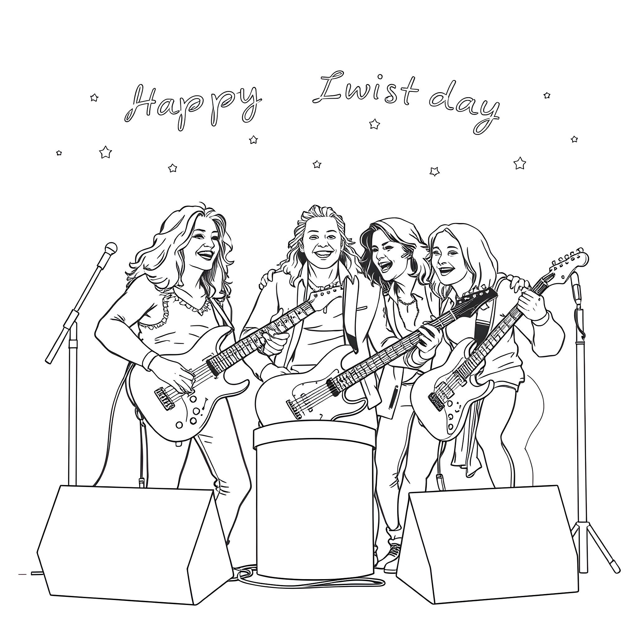 Stryper rock band members performing energetically on stage Coloring Page (free black-and-white line drawing printable PDF for all, from beginners to advanced learners, including children, teens, adults, and seniors)