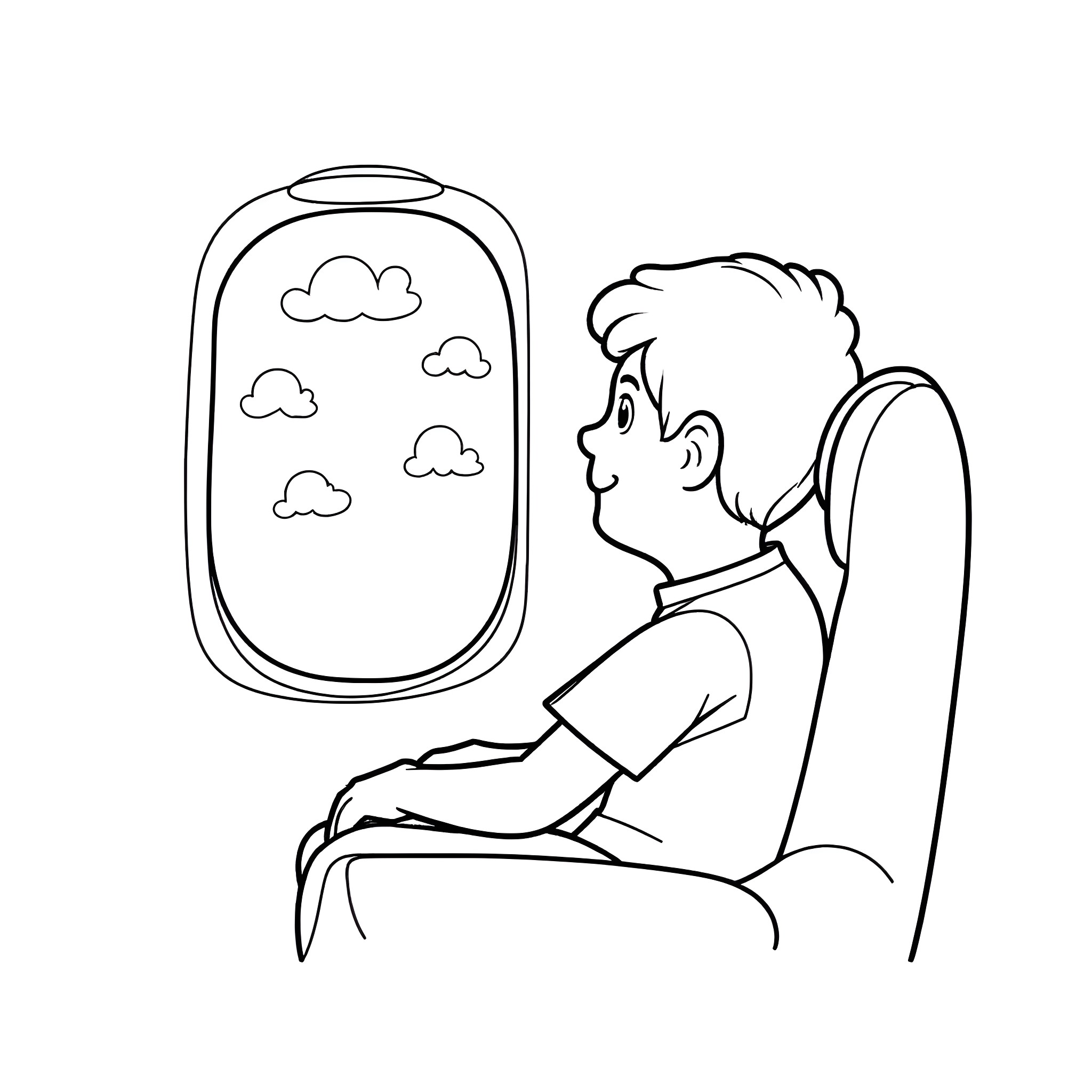Dad looks out airplane window at clouds Coloring Page (free black-and-white line drawing printable PDF for all, from beginners to advanced learners, including children, teens, adults, and seniors)