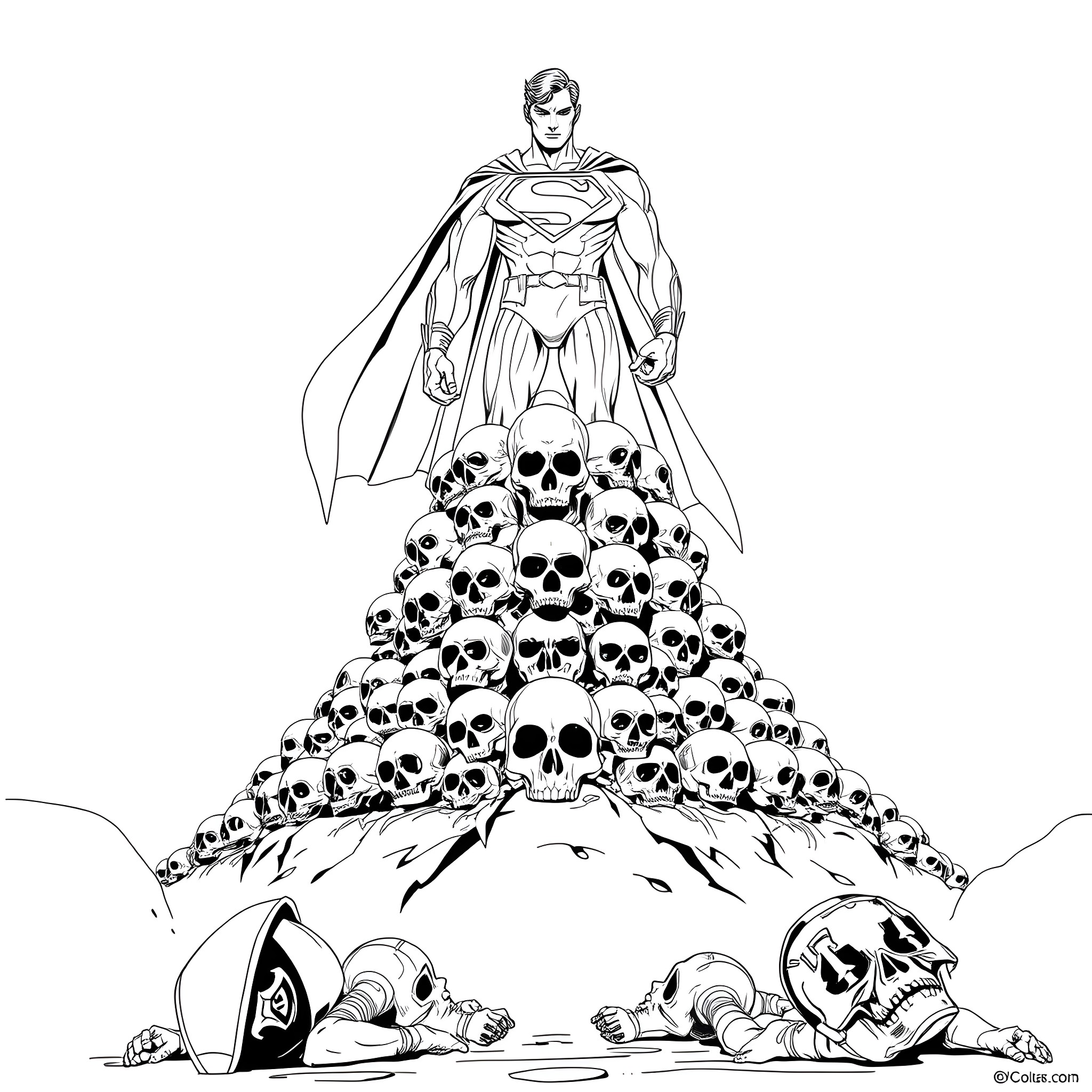 Superman Conquering a Pile of Skulls Coloring Page (free black-and-white line drawing printable PDF for all, from beginners to advanced learners, including children, teens, adults, and seniors)